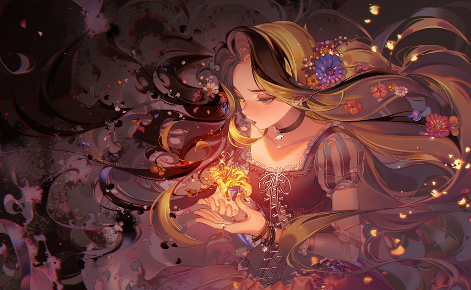 bicolored_eyes, blonde_hair, choker, dress, flowers, kawacy, long_hair, petals, rapunzel_(disney), tangled, waifu2x, watermark, wristwear