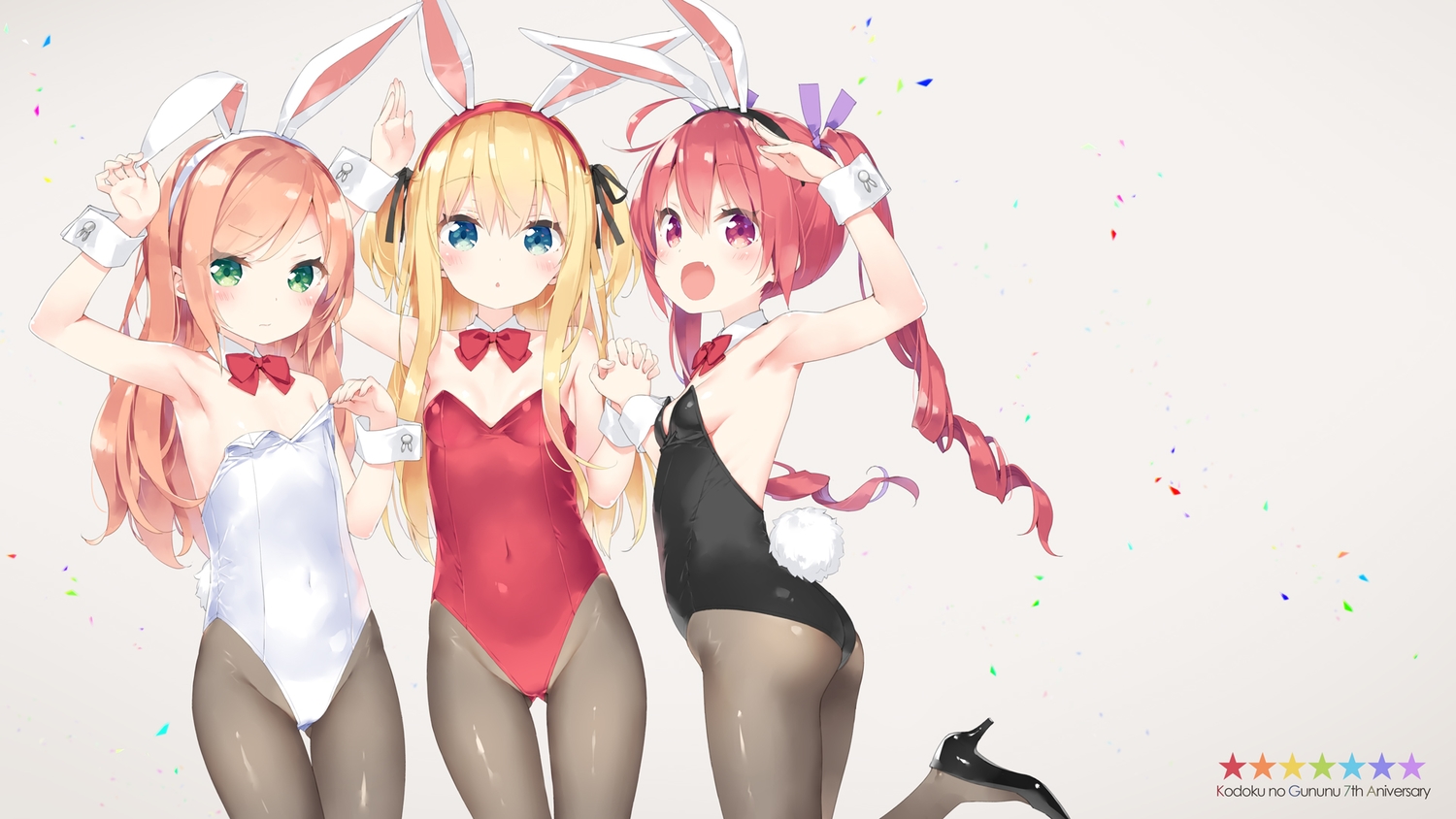 animal_ears, ass, blonde_hair, blue_eyes, blush, bodysuit, bow, brown_hair