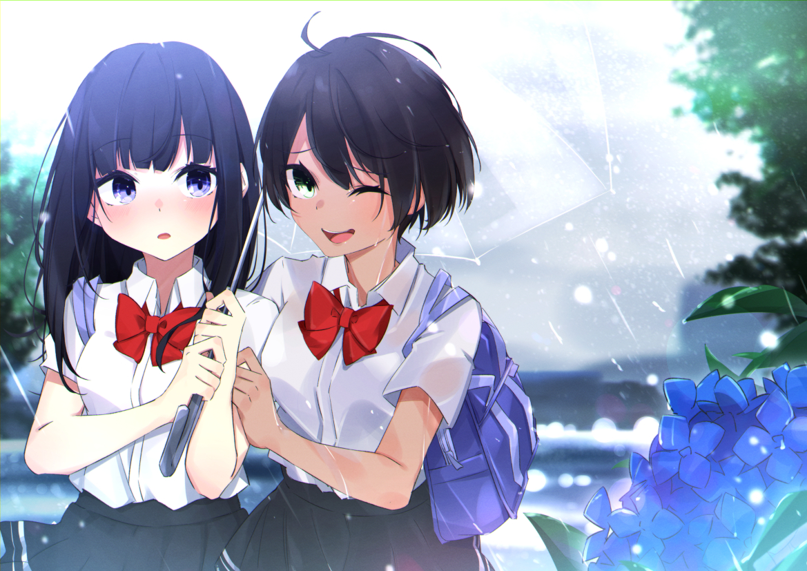 2girls, black_hair, blue_eyes, dark_skin, green_eyes, ichiki_1, long_hair, original