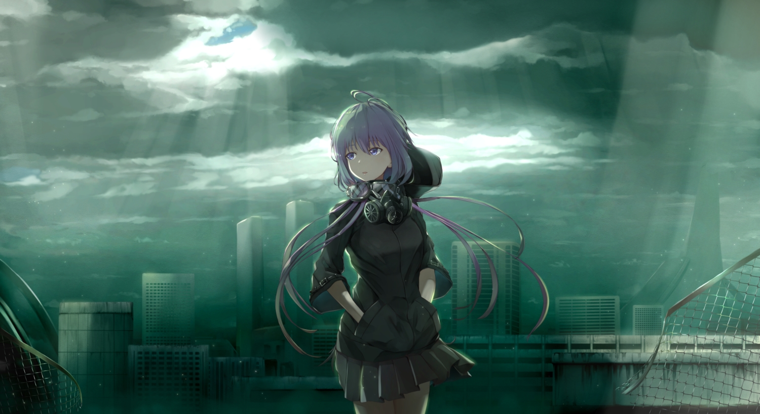 building, city, clouds, goggles, green, hood, long_hair, mask