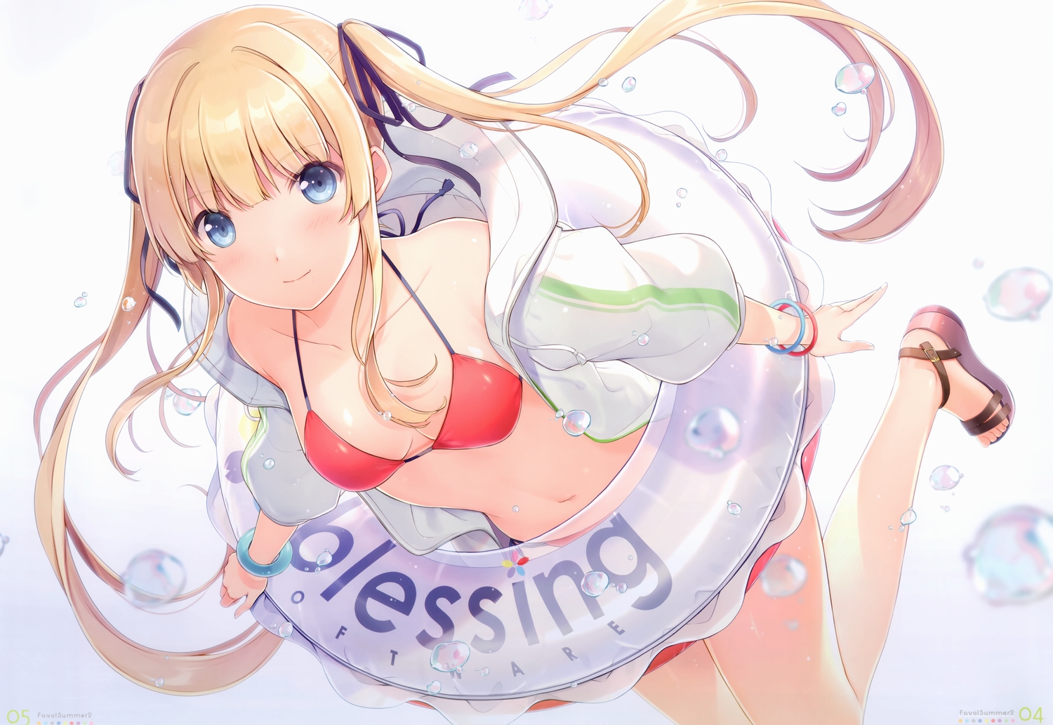 6u_(eternal_land), bikini, blonde_hair, blue_eyes, blush, hood, long_hair, navel