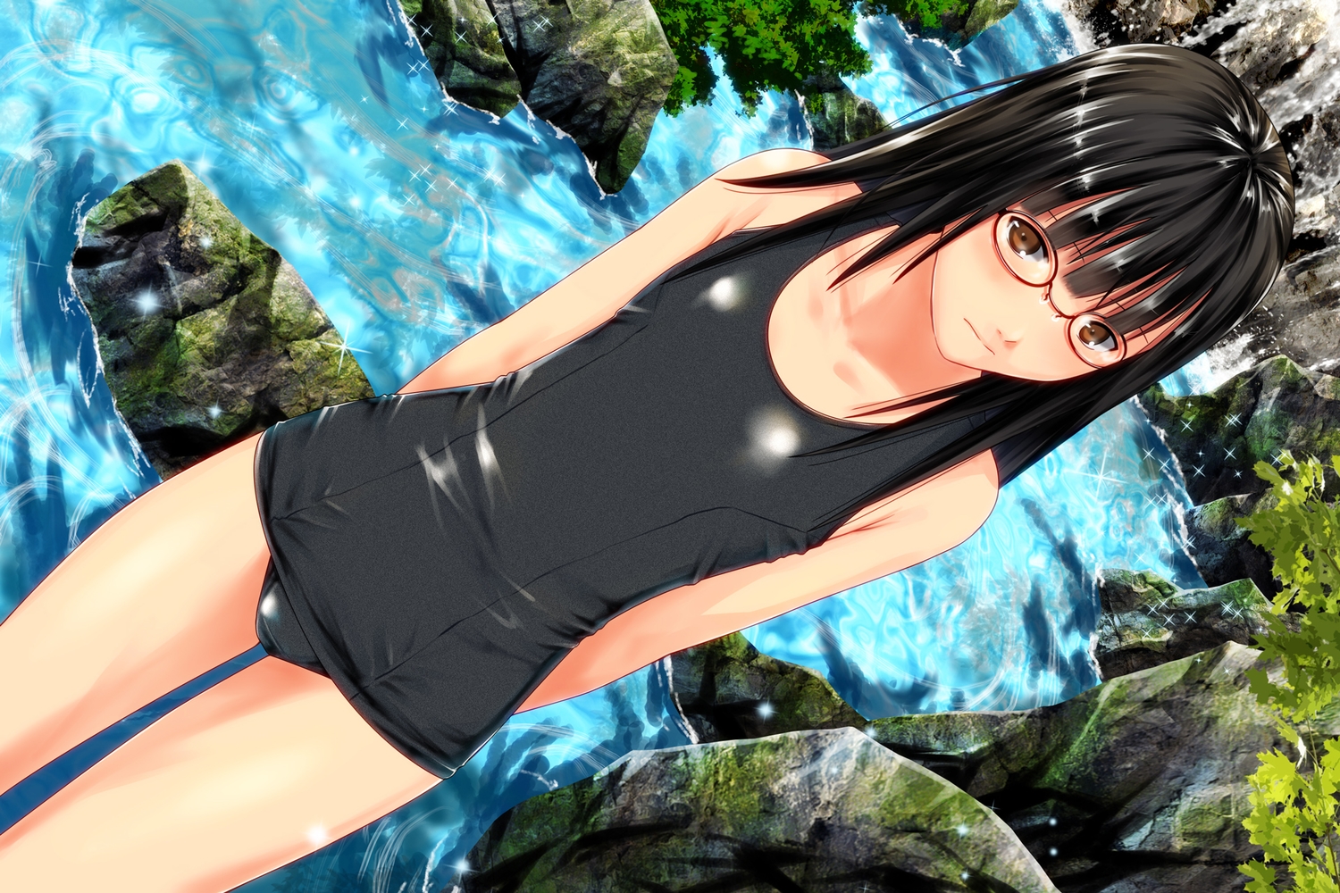 ano_hito, black_hair, brown_eyes, flat_chest, glasses, long_hair, original, school_swimsuit, swimsuit, water