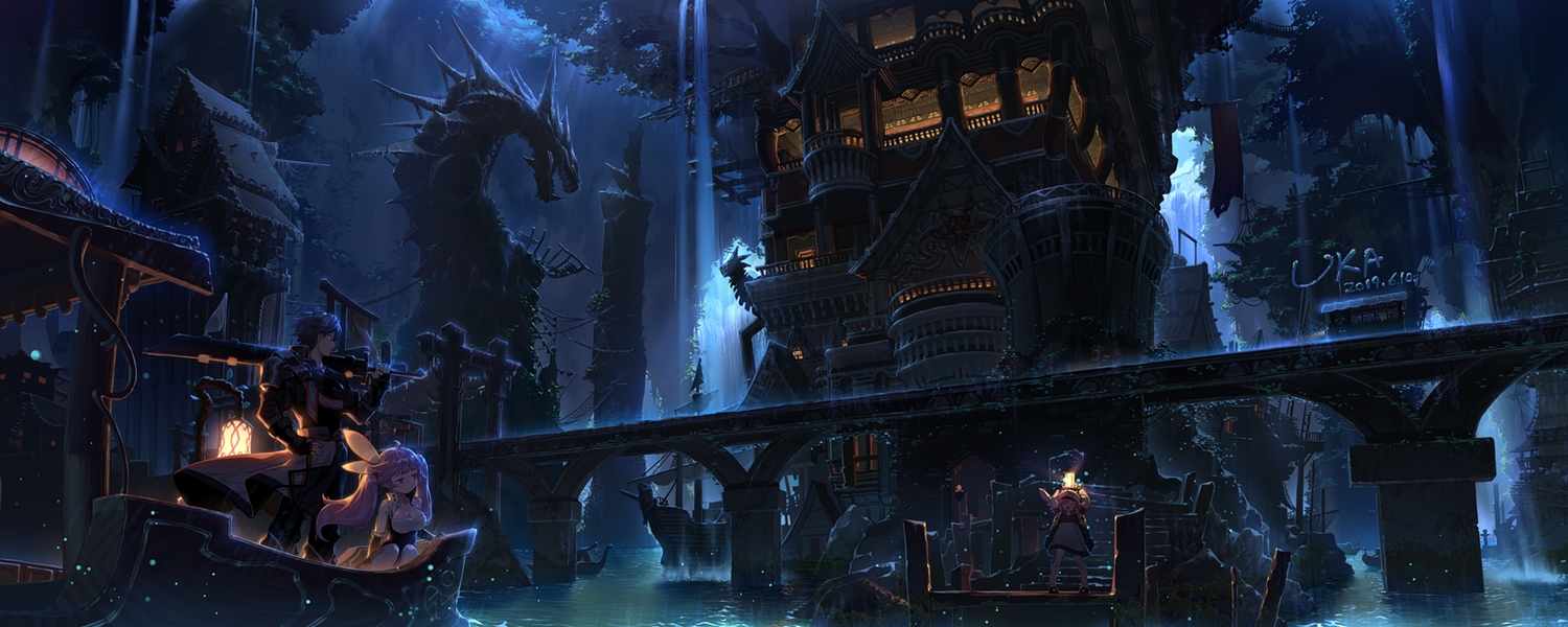 boat, breasts, building, cleavage, dark, dragon, dualscreen, loli, long_hair, male, night, original, purple_hair, red_eyes, scenic, short_hair, stairs, sword, twintails, water, waterfall, watermark, weapon, zimajiang