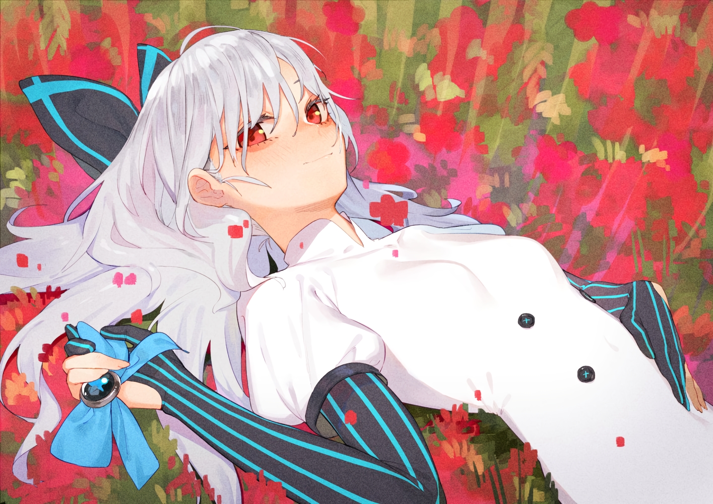 anthropomorphism, blush, bow, elbow_gloves, flowers, girls_frontline, gloves, grass, gray_hair, juz, long_hair, red_eyes, tokarev_(girls_frontline)