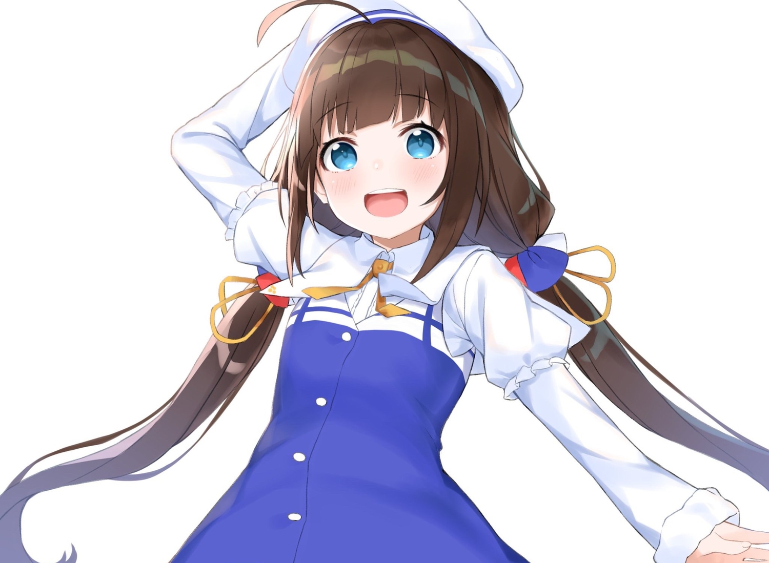 aqua_eyes, blush, brown_hair, cropped, dress, hashiko_nowoto, hat, hinatsuru_ai
