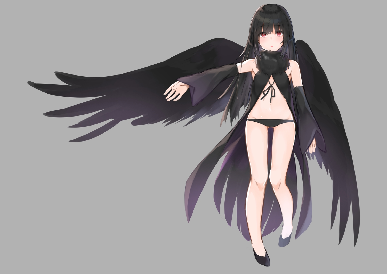 black_hair, feathers, flat_chest, gray, hashiko_nowoto, loli, long_hair, navel