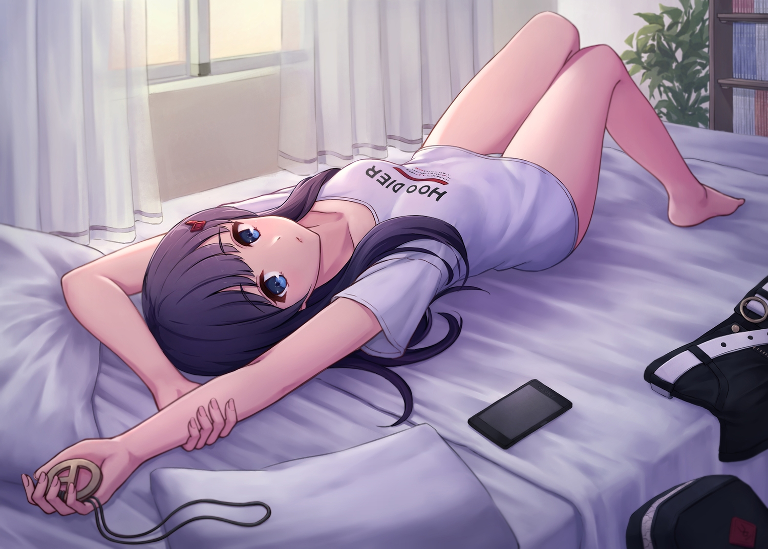 barefoot, bed, black_hair, blue_eyes, hoodier, long_hair, necklace, original, panties, phone, shorts, underwear