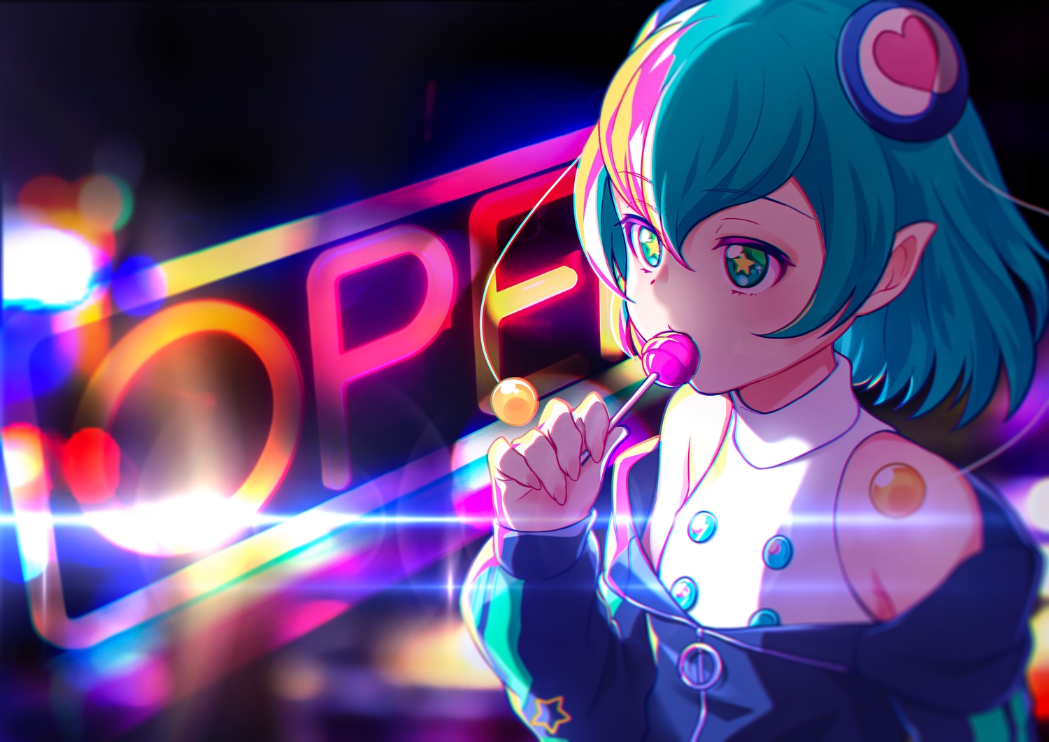 aqua_eyes, aqua_hair, candy, close, eriko, hagoromo_lala, lollipop, pointed_ears, precure, short_hair, star_twinkle_precure