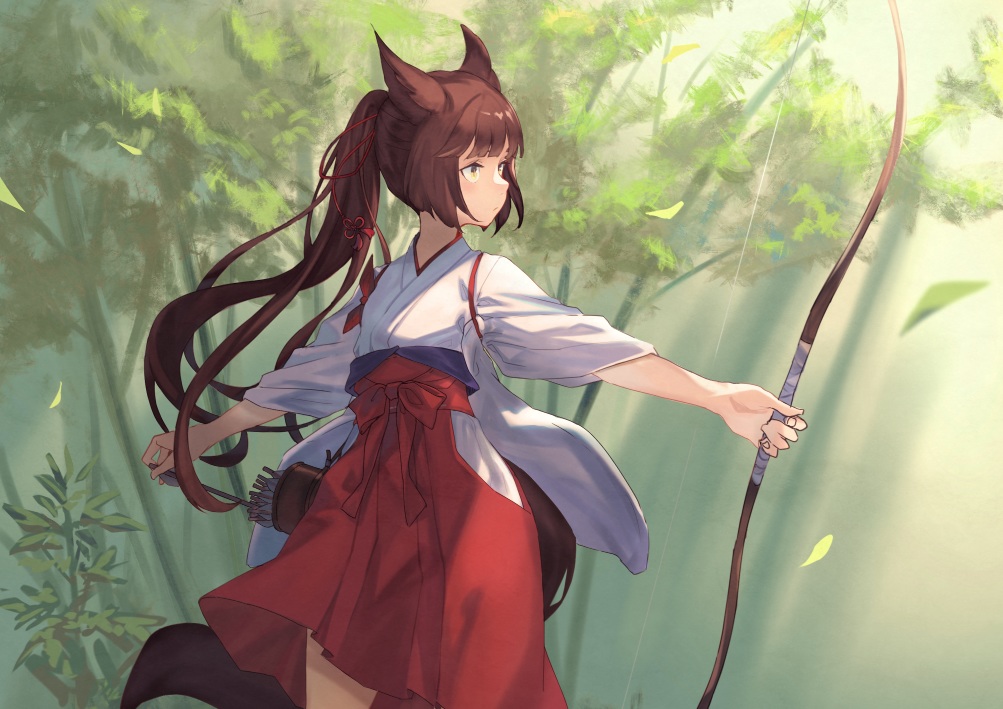 animal_ears, bow, bow_(weapon), brown_hair, forest, foxgirl, green, japanese_clothes