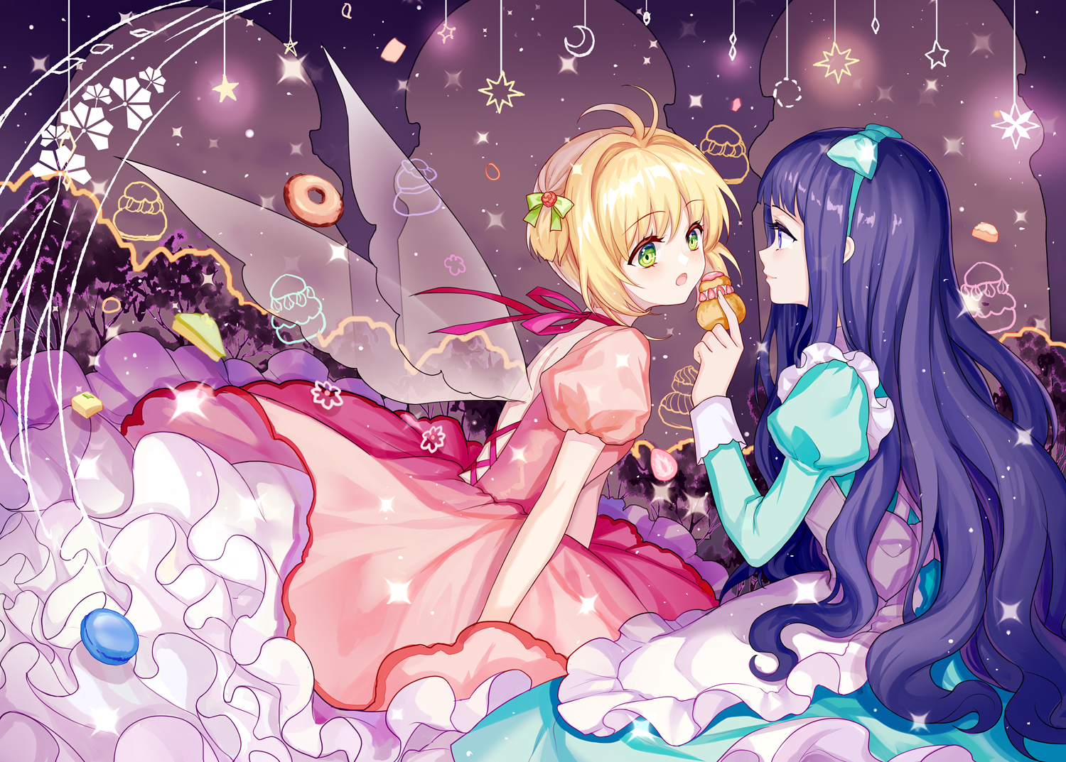 2girls, apron, blonde_hair, blue_eyes, blue_hair, bow, card_captor_sakura, choker