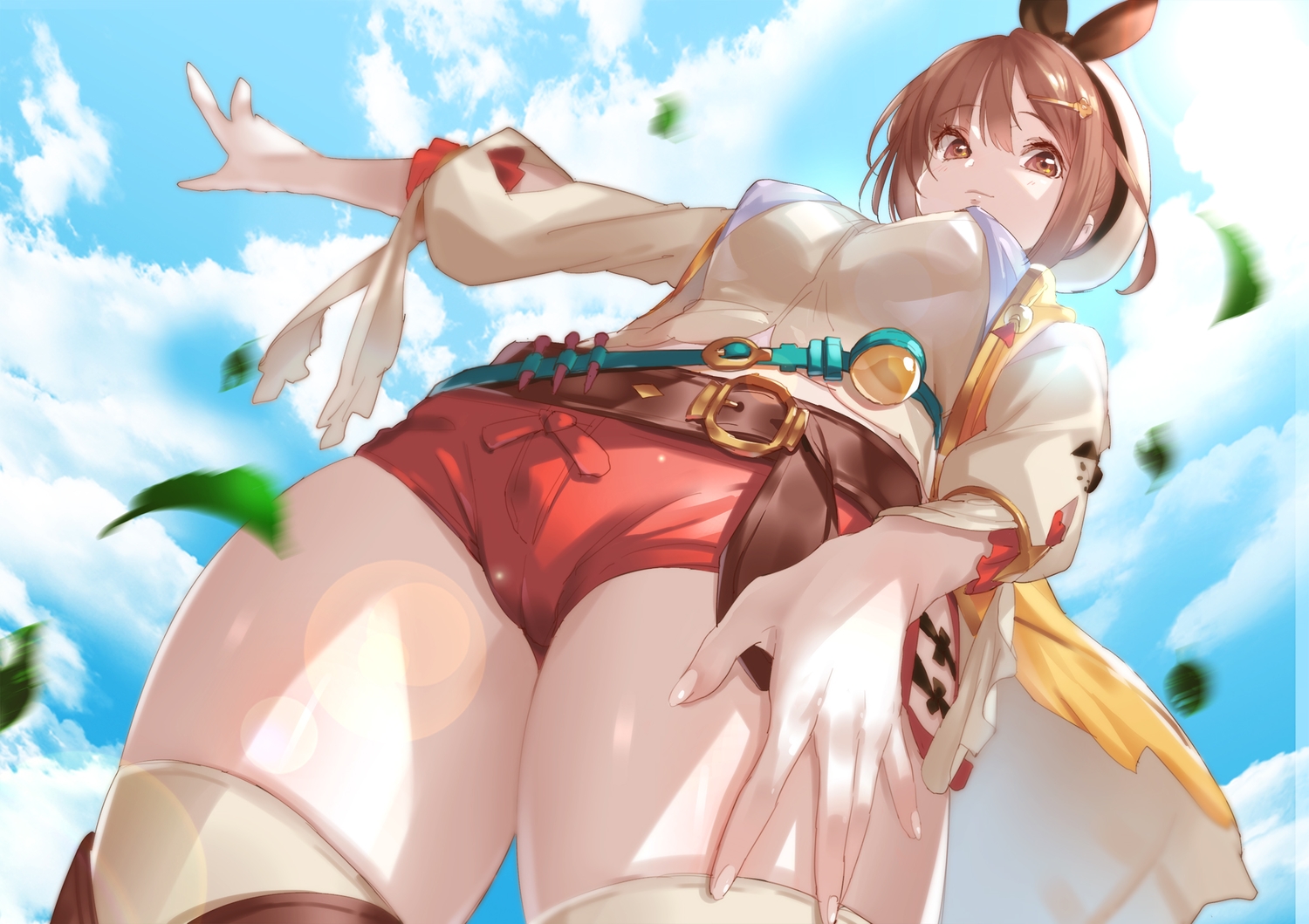 atelier, atelier_ryza, brown_eyes, brown_hair, cameltoe, close, clouds, garter_belt, green322, hat, reisalin_stout, short_hair, shorts, sky