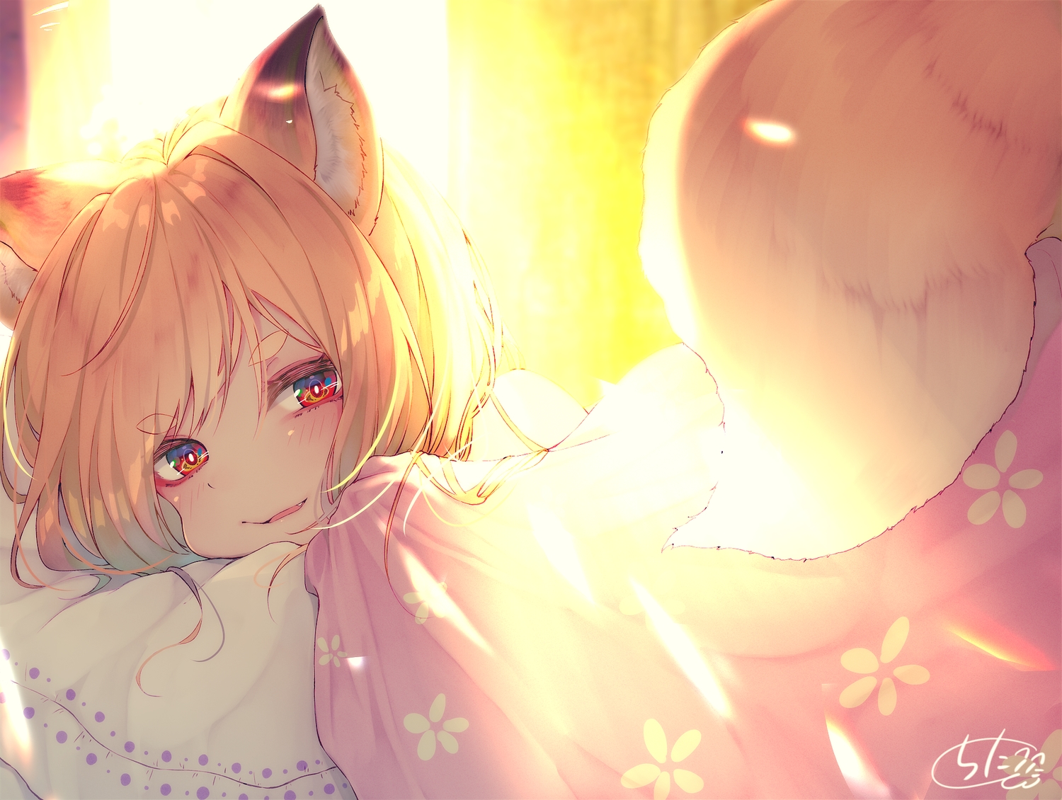animal_ears, bed, blonde_hair, blush, chita_(ketchup), close, fang, foxgirl