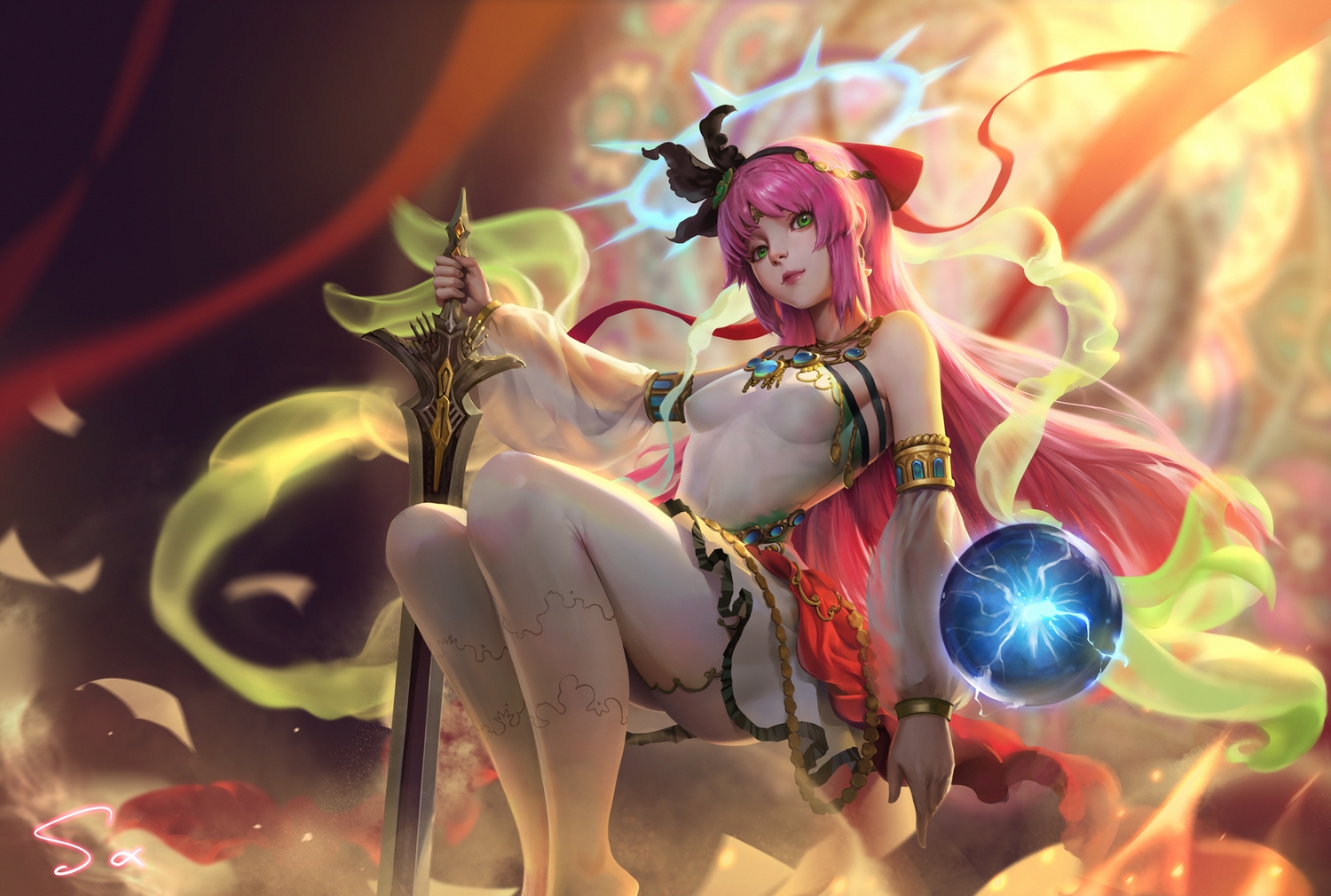 dress, erect_nipples, green_eyes, halo, headdress, long_hair, magic, pink_hair, quelplan, rance_x, sarena, signed, sword, thighhighs, weapon