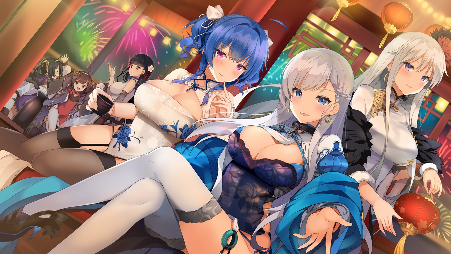 anthropomorphism, azur_lane, belfast_(azur_lane), black_hair, blue_eyes, blue_hair, blush, braids, brown_hair, chain, chinese_clothes, chinese_dress, collar, dress, drink, enterprise_(azur_lane), garter_belt, gray_hair, group, headband, kurot, loli, ning_hai_(azur_lane), ping_hai_(azur_lane), purple_eyes, red_eyes, short_hair, st._louis_(azur_lane), stockings, thighhighs, twintails, waifu2x, yat_sen_(azur_lane)