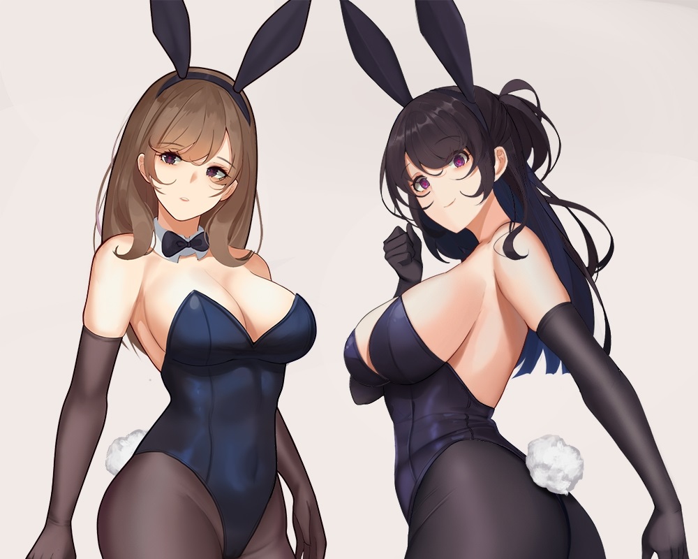 2girls, animal_ears, ass, black_hair, bodysuit, breasts, brown_eyes, brown_hair, bunny_ears, bunnygirl, cameltoe, cleavage, cropped, elbow_gloves, gg-e, gloves, headband, long_hair, original, pantyhose, purple_eyes, tail