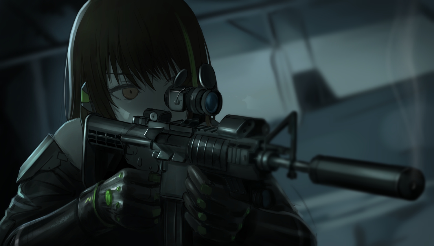 anthropomorphism, brown_eyes, brown_hair, close, dark, girls_frontline, gloves, gun