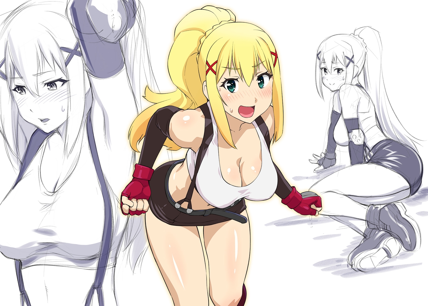 blonde_hair, blush, braids, breasts, cleavage, cosplay, darkness_(konosuba), final_fantasy, final_fantasy_vii, gloves, green_eyes, kono_subarashii_sekai_ni_shukufuku_wo!, long_hair, ponytail, sketch, skirt, ueyama_michirou