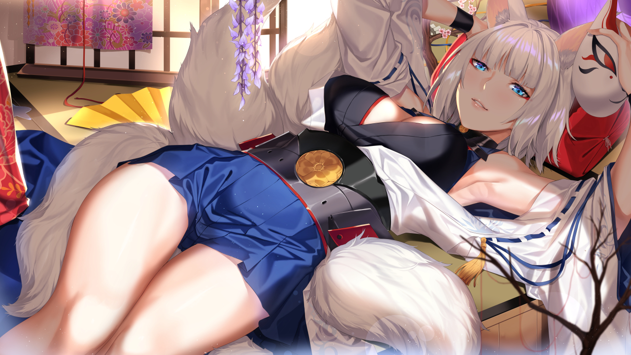 animal_ears, anthropomorphism, aqua_eyes, azur_lane, breasts, cleavage, deras, fan, flowers, foxgirl, japanese_clothes, kaga_(azur_lane), mask, multiple_tails, short_hair, skirt, tail, white_hair