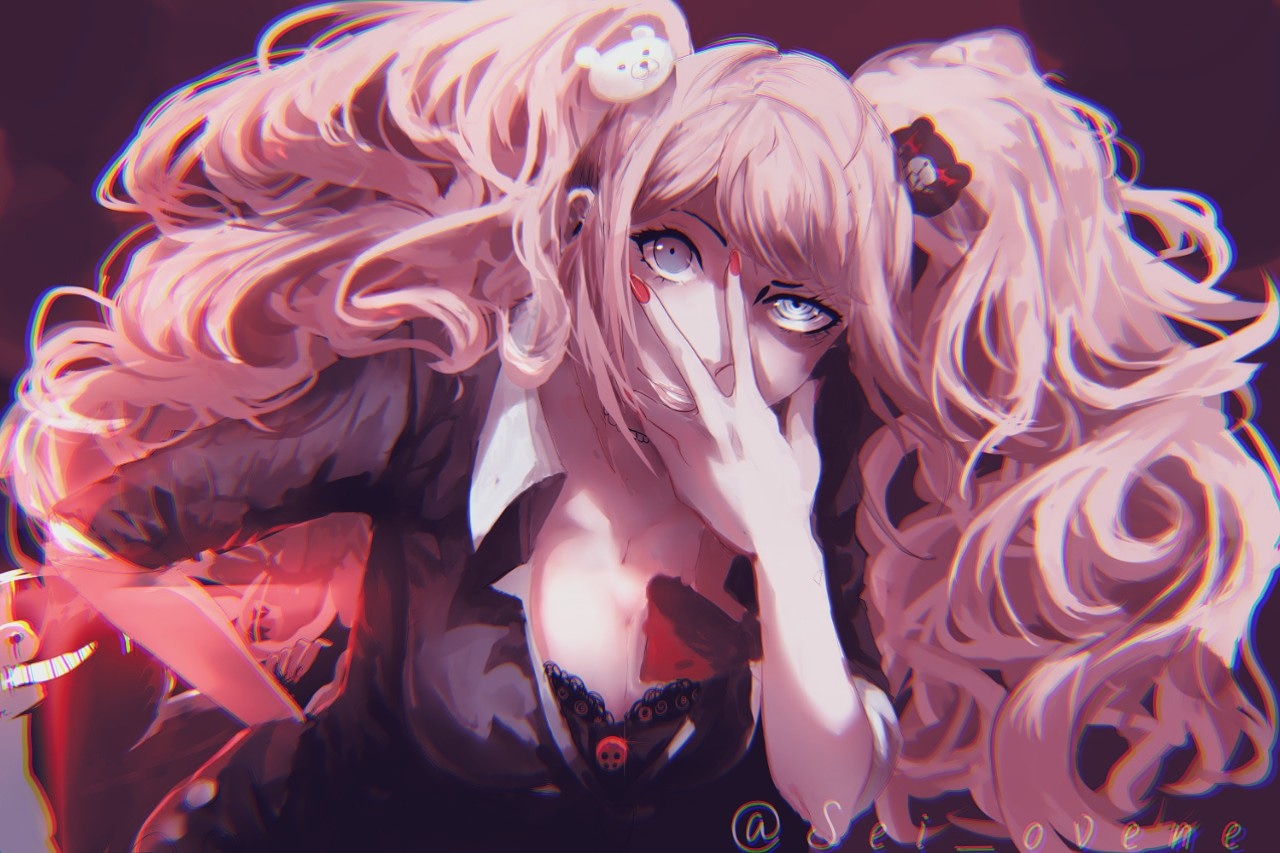 blue_eyes, dangan-ronpa, enoshima_junko, long_hair, monokuma, pink_hair, shinnesstar, teddy_bear