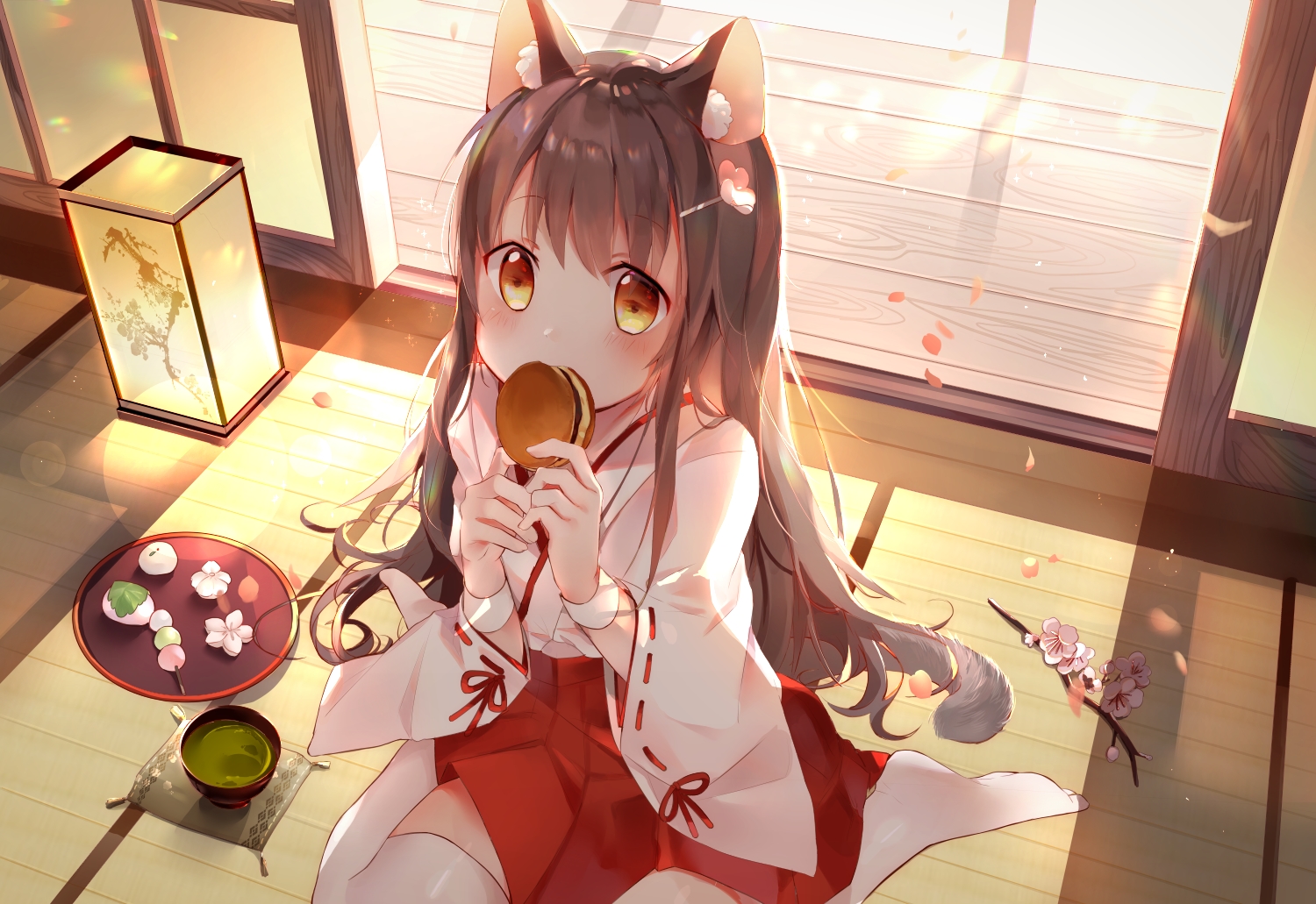 amafuyu, animal_ears, barefoot, blush, brown_hair, catgirl, cherry_blossoms, drink, flowers, food, japanese_clothes, long_hair, miko, original, tail, thighhighs, yellow_eyes