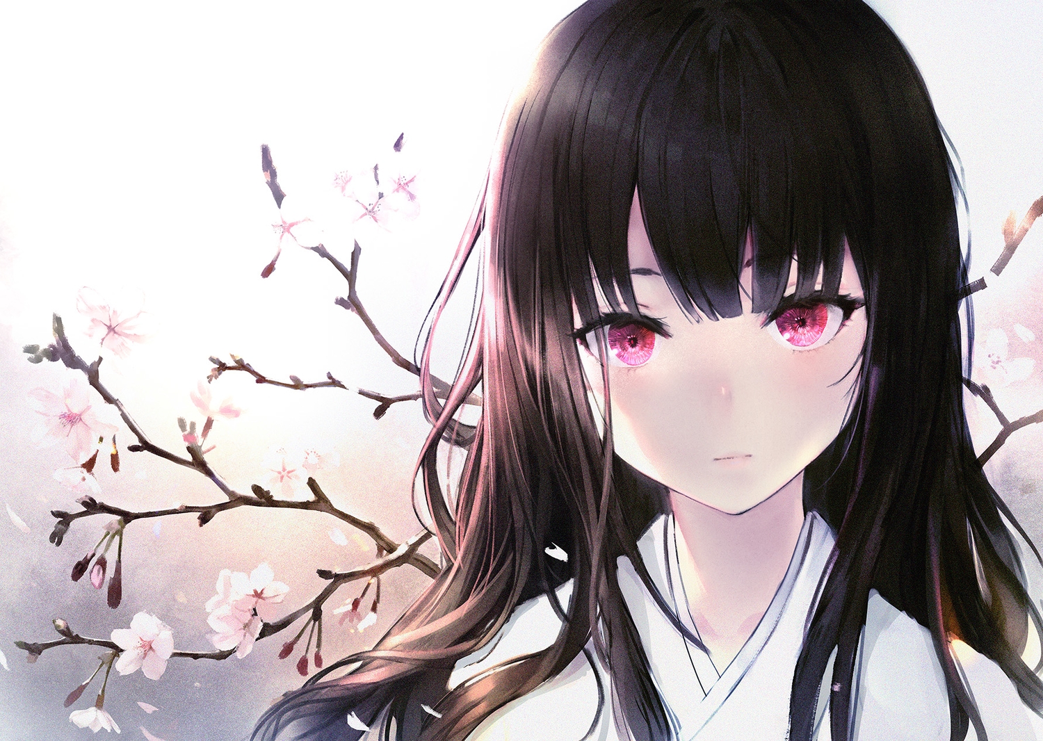 black_hair, cherry_blossoms, close, flowers, haori_iori, japanese_clothes, kimono, long_hair, original, pink_eyes