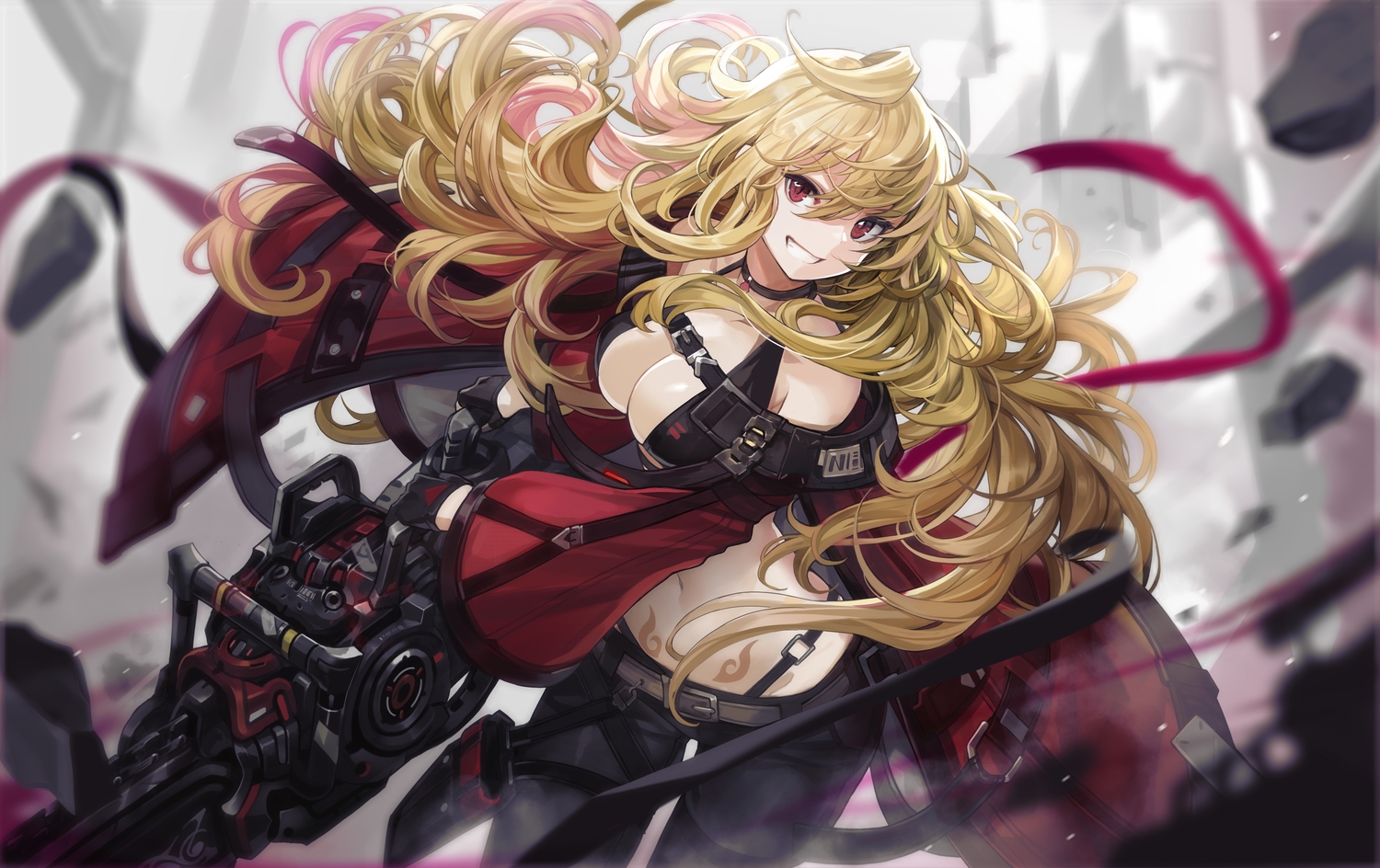 blonde_hair, breasts, chainsaw, cleavage, goomrrat, long_hair, original, red_eyes