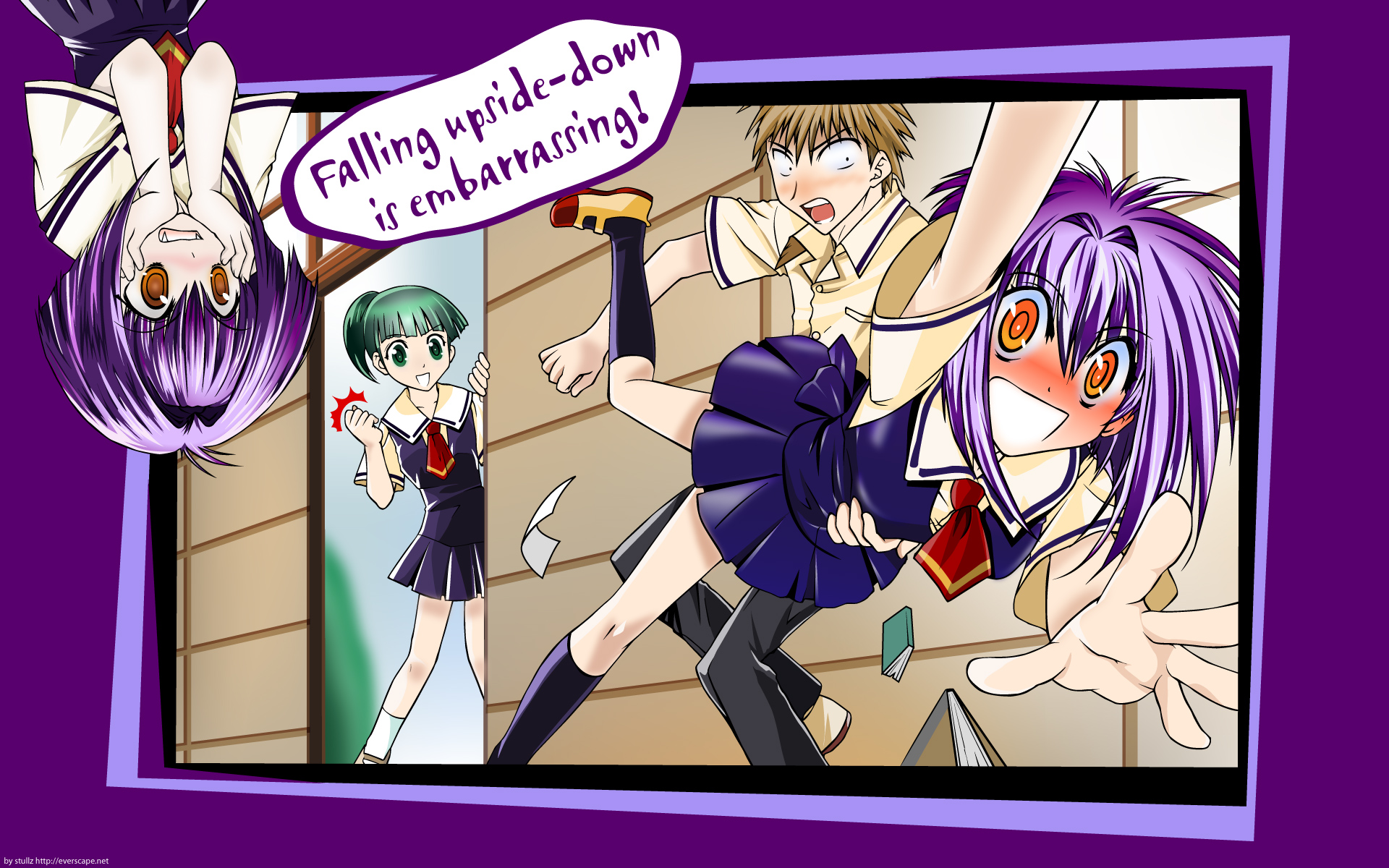 blush, green_hair, karin, maaka_karin, purple_hair, school_uniform, tokitou_maki, usui_kenta