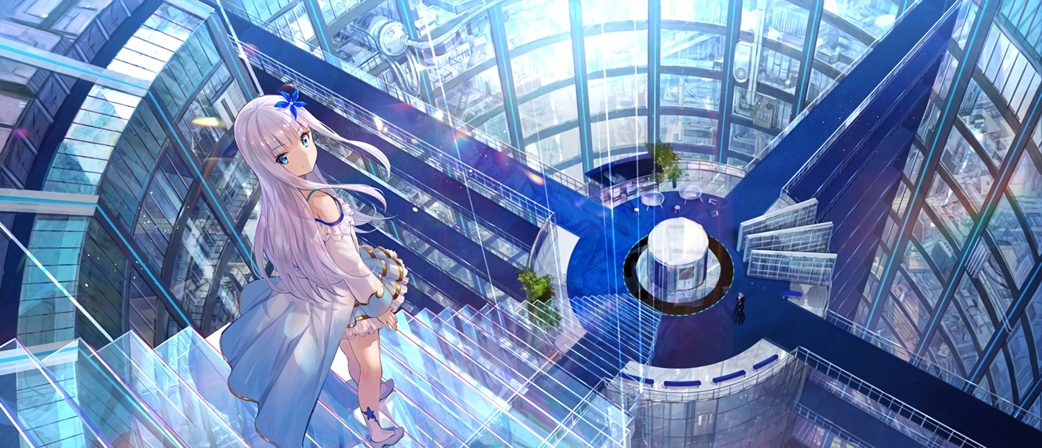 aqua_eyes, dress, fuji_choko, kenja_no_deshi_wo_nanoru_kenja, long_hair, mira_(kendeshi), scenic, stairs