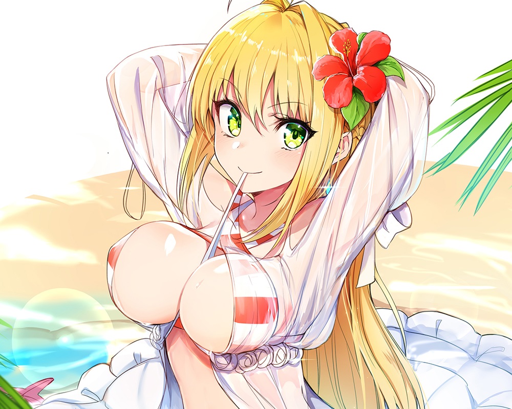 beach, bikini, blonde_hair, breasts, cropped, fate/grand_order, fate_(series), green_eyes