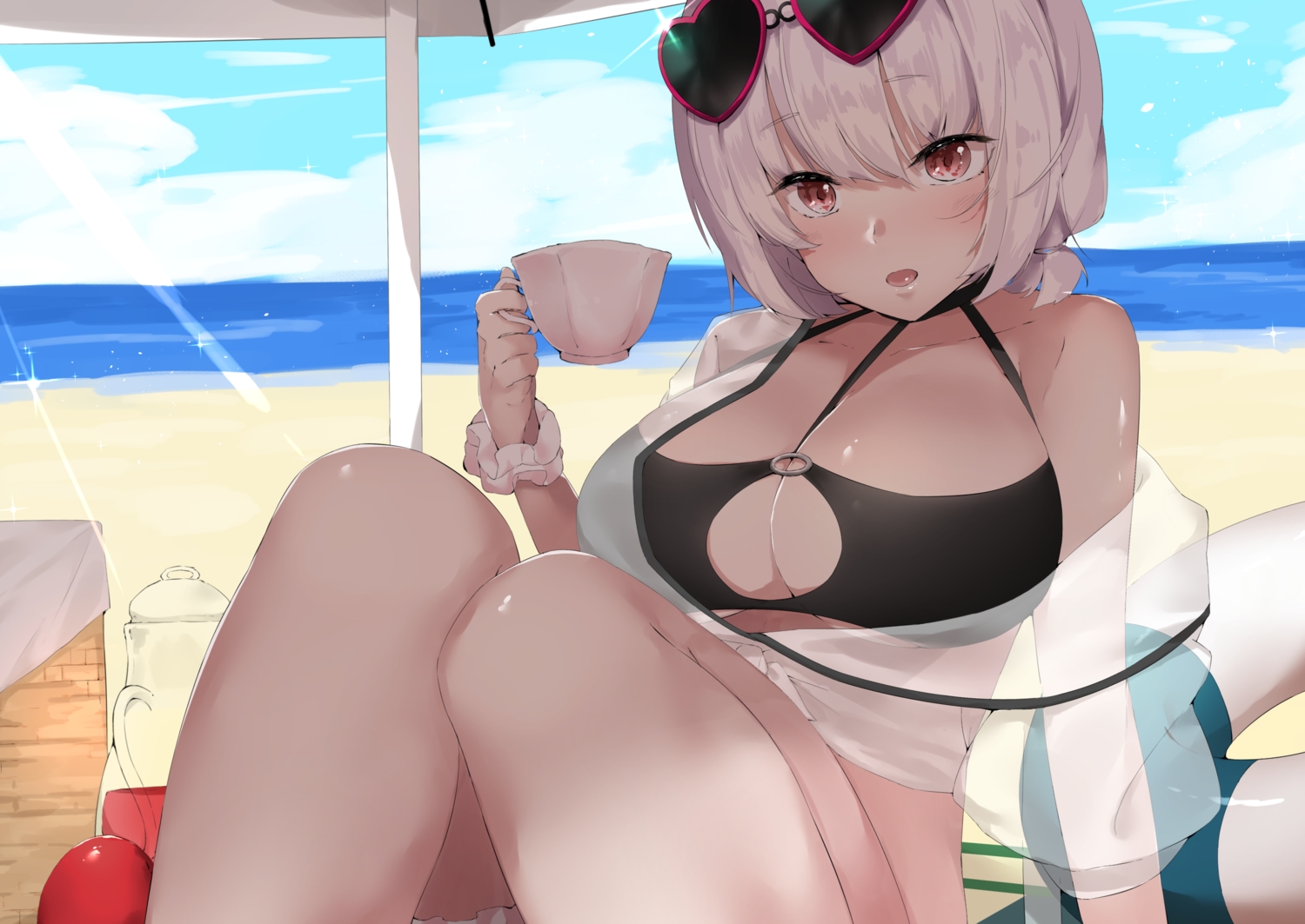 anthropomorphism, apple, azur_lane, beach, bikini, breasts, cleavage, clouds, cotton_kanzaki, drink, food, fruit, red_eyes, shade, short_hair, sirius_(azur_lane), sky, sunglasses, swimsuit, umbrella, water, white_hair, wristwear