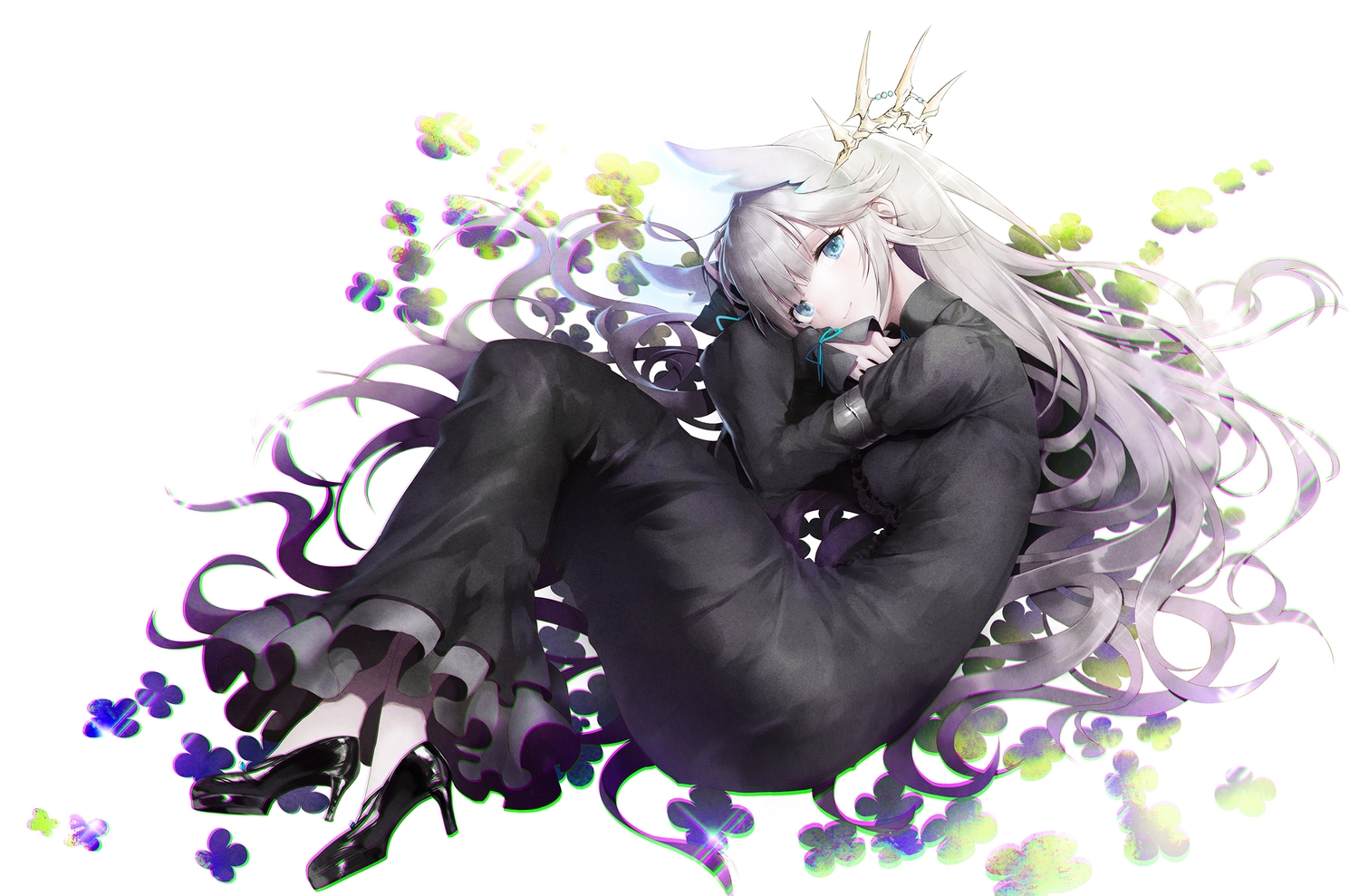 animal_ears, aqua_eyes, blue_eyes, dress, gothic, gray_hair, haori_iori, headdress