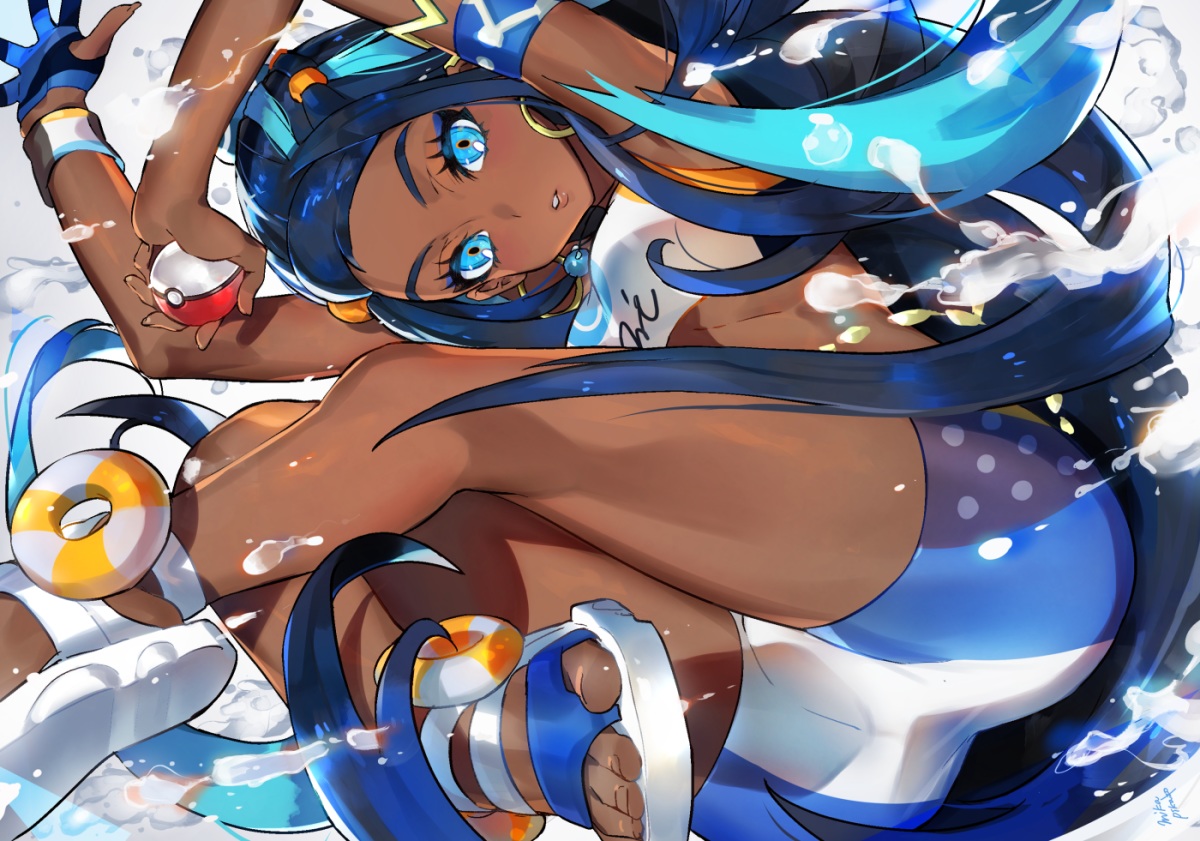 aqua_eyes, blue_hair, dark_skin, gloves, long_hair, mika_pikazo, necklace, pokemon