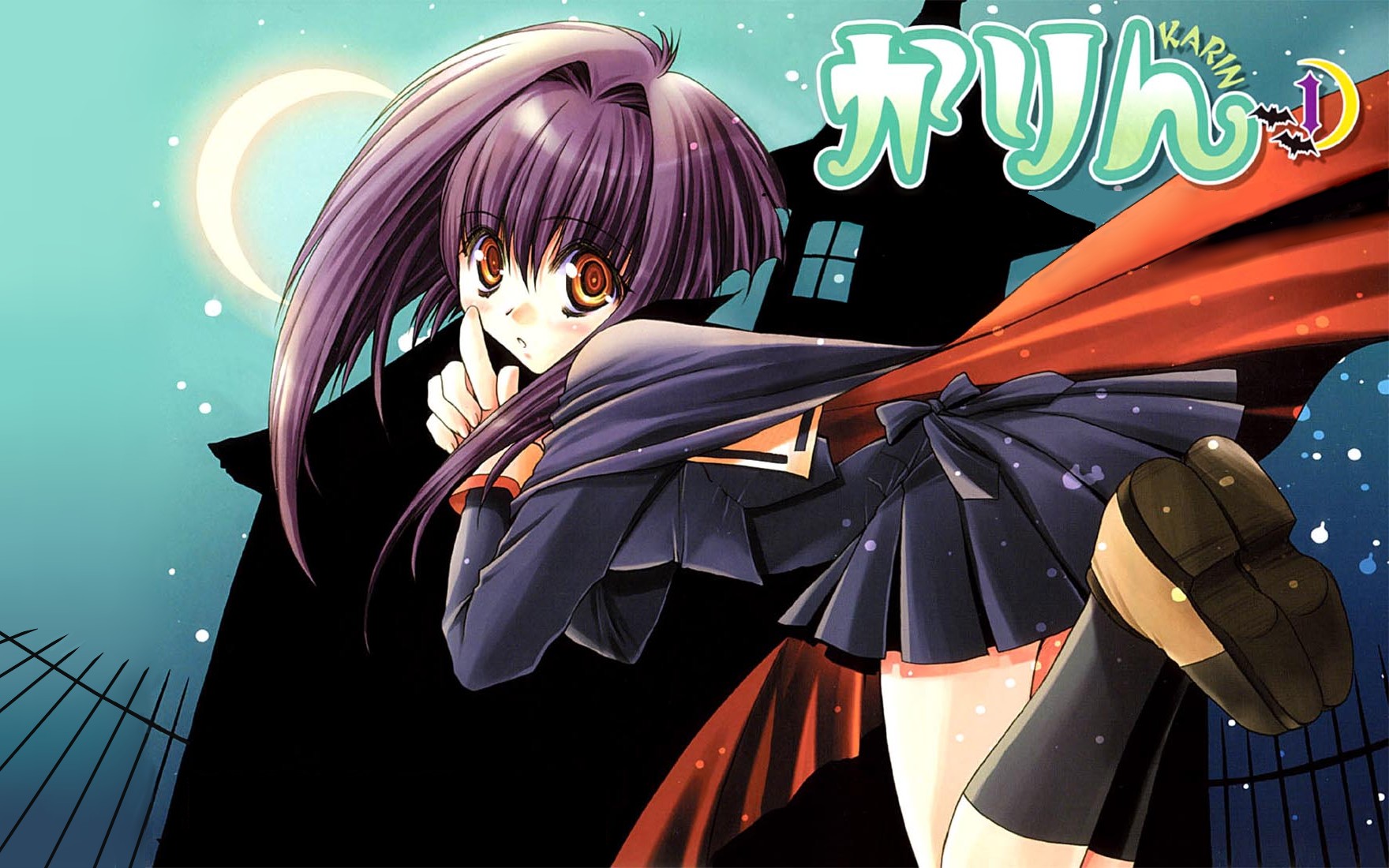 brown_eyes, kagesaki_yuna, karin, maaka_karin, night, purple_hair
