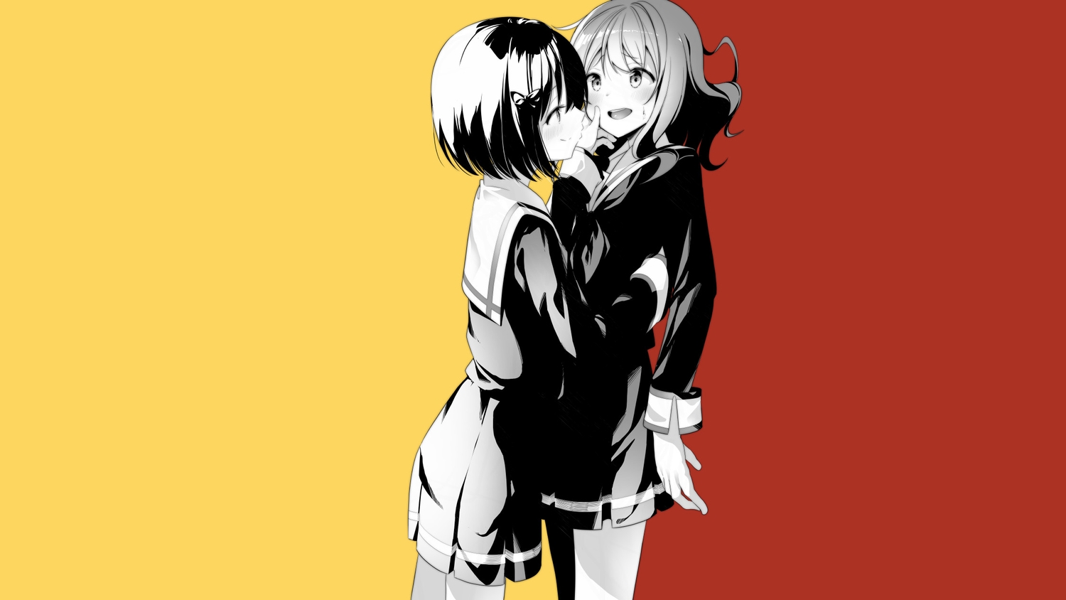 2girls, hibike!_euphonium, hisaishi_kanade, oumae_kumiko, polychromatic, red, school_uniform, shiratama_mochi, shoujo_ai, third-party_edit, yellow