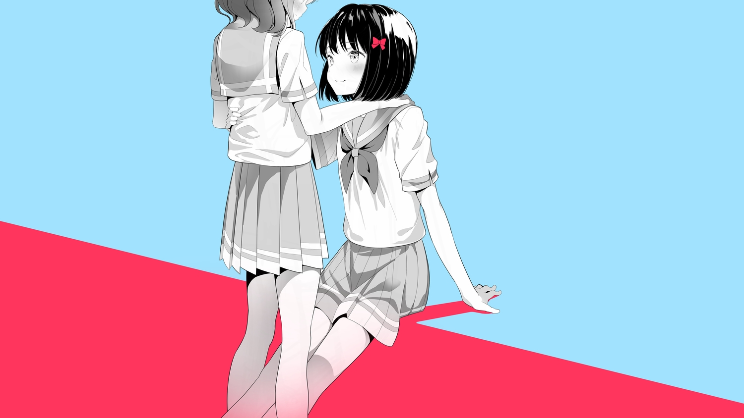 2girls, cyan, hibike!_euphonium, hisaishi_kanade, oumae_kumiko, pink, polychromatic, school_uniform, shiratama_mochi, shoujo_ai