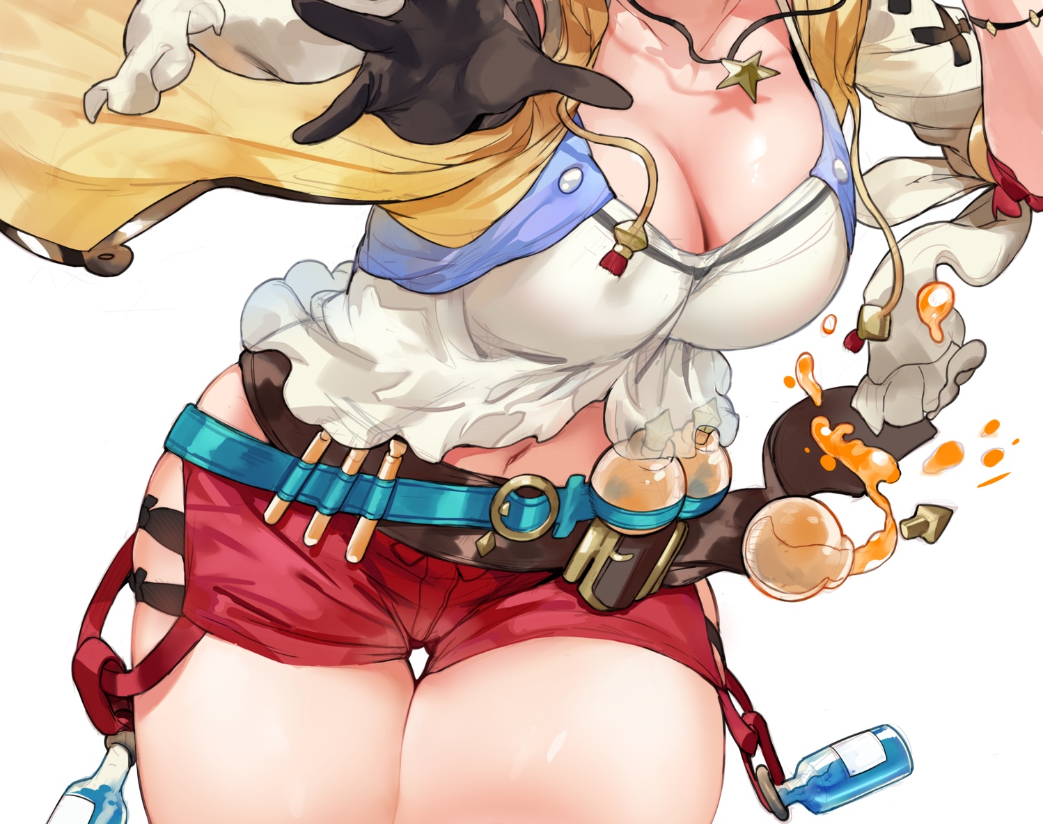 atelier, atelier_ryza, breasts, cleavage, close, cropped, gloves, hewsack, mage, navel, necklace, reisalin_stout, shorts, waifu2x, wristwear