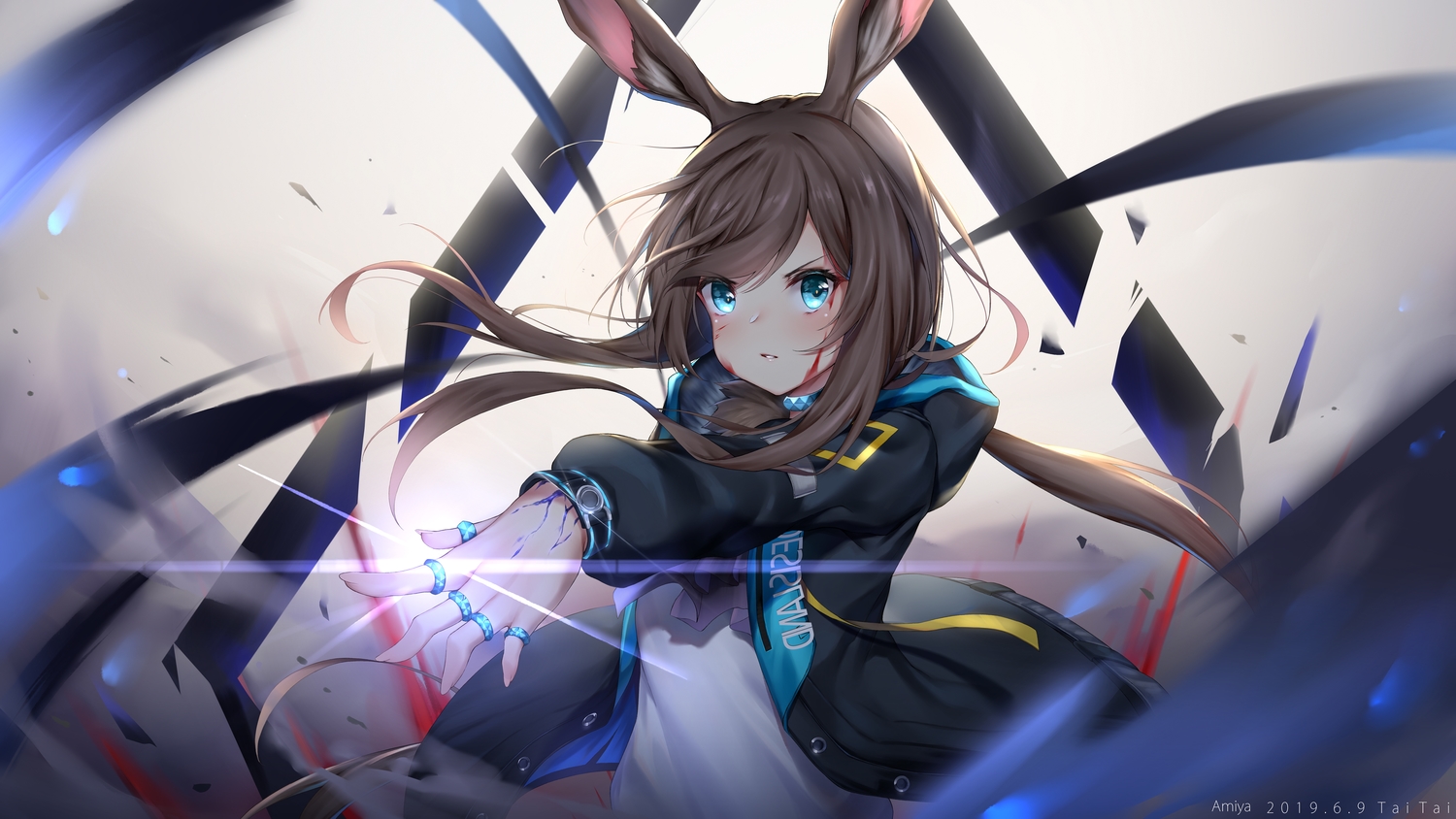 amiya_(arknights), animal_ears, aqua_eyes, arknights, blood, brown_hair, bunny_ears, bunnygirl, choker, hood, long_hair, taitai, watermark