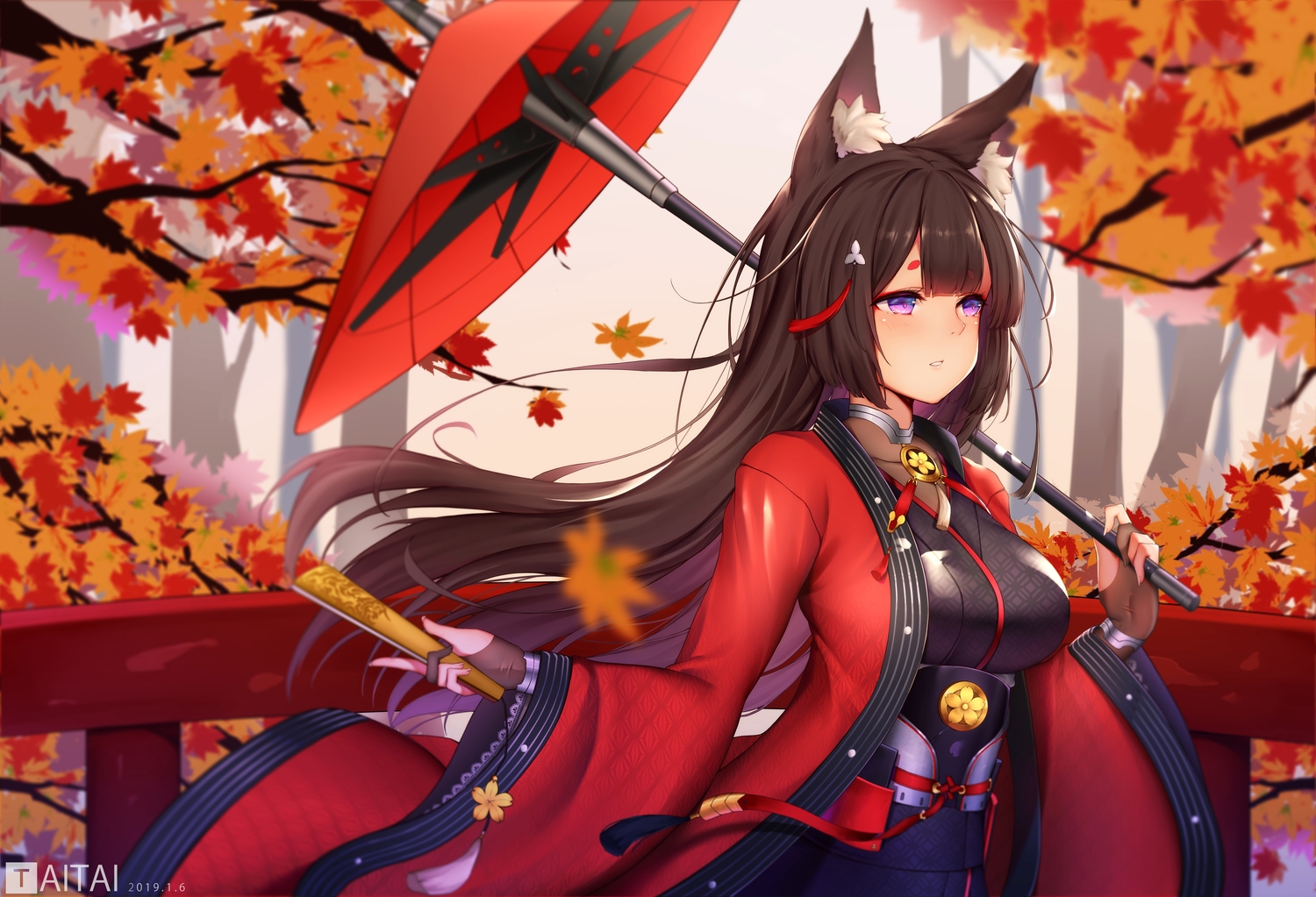 amagi_(azur_lane), animal_ears, anthropomorphism, autumn, azur_lane, brown_hair, fan, foxgirl, gloves, japanese_clothes, leaves, long_hair, purple_eyes, taitai, tears, watermark