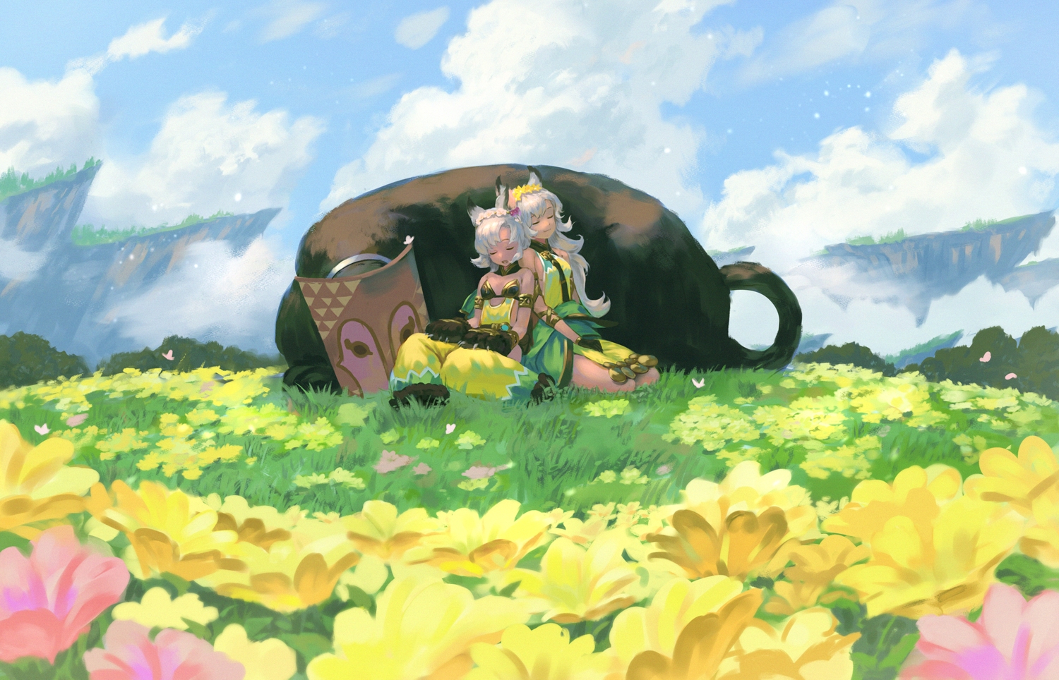2girls, animal, animal_ears, bikini_top, clouds, flowers, gloves, granblue_fantasy, grass, headdress, long_hair, melleau, nemone, scenic, short_hair, sky, wasabi60, white_hair