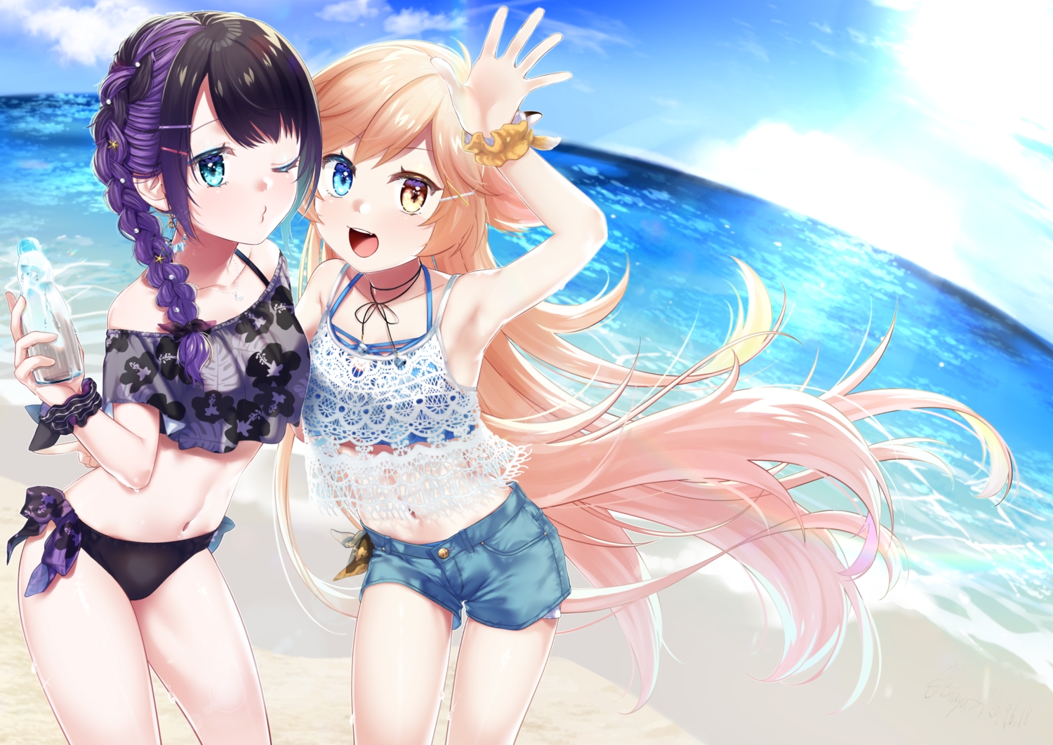 2girls, aqua_eyes, beach, bicolored_eyes, bikini, blonde_hair, braids, drink, fang, kitasaya_ai, long_hair, navel, necklace, original, ponytail, purple_hair, shorts, swimsuit, water, wink, wristwear