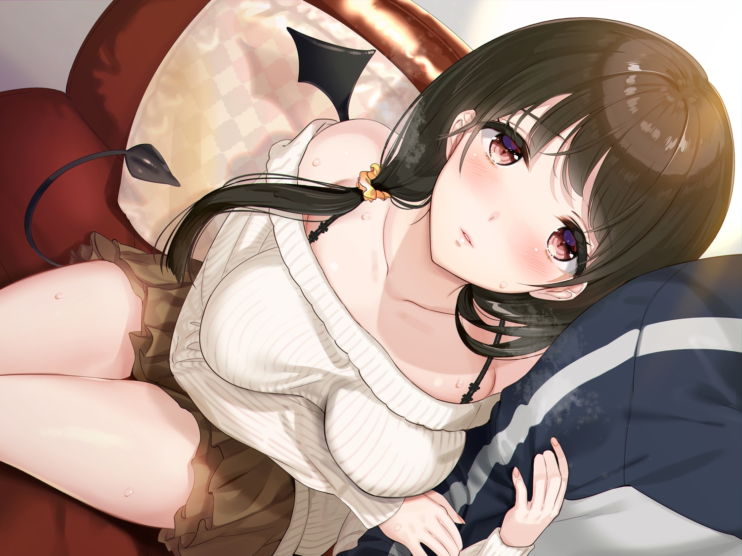 black_hair, blush, breasts, demon, hayakawa_akari, long_hair, original, ponytail, red_eyes, skirt, tail, wings