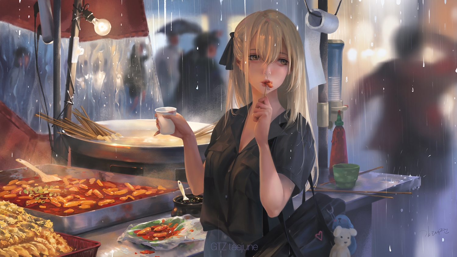 blonde_hair, drink, food, g-tz, long_hair, original, rain, realistic, signed, water, watermark, yellow_eyes