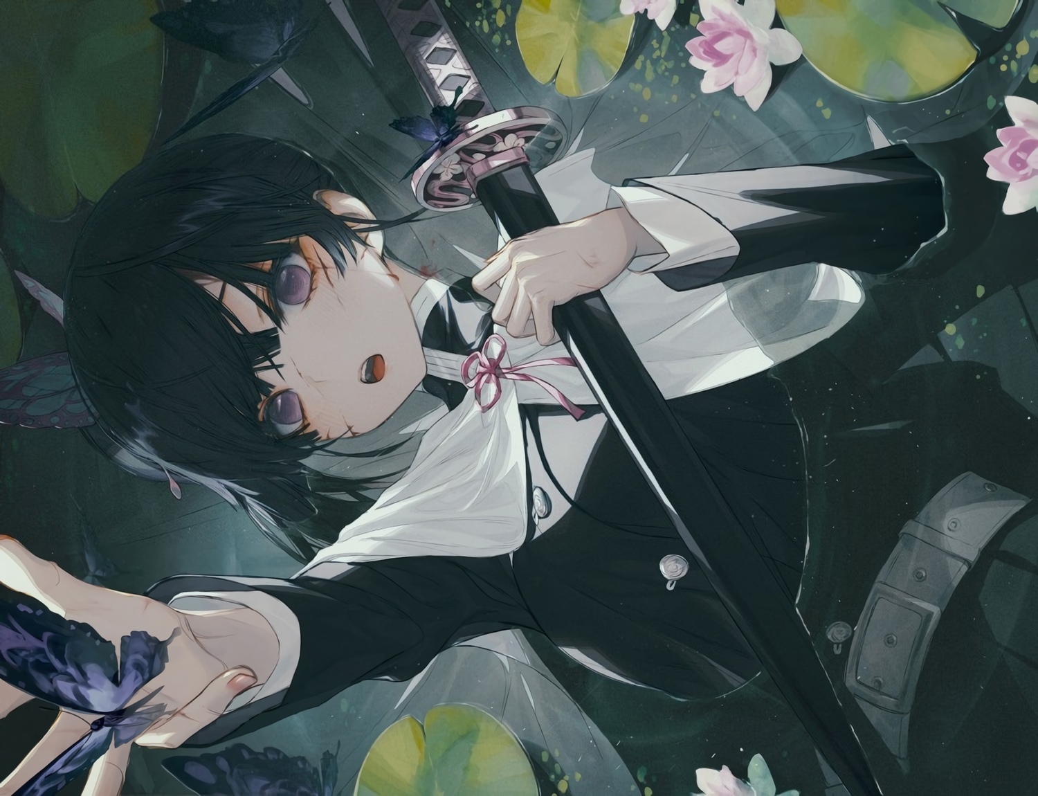 black_hair, blush, butterfly, cape, flowers, katana, kimetsu_no_yaiba, purple_eyes