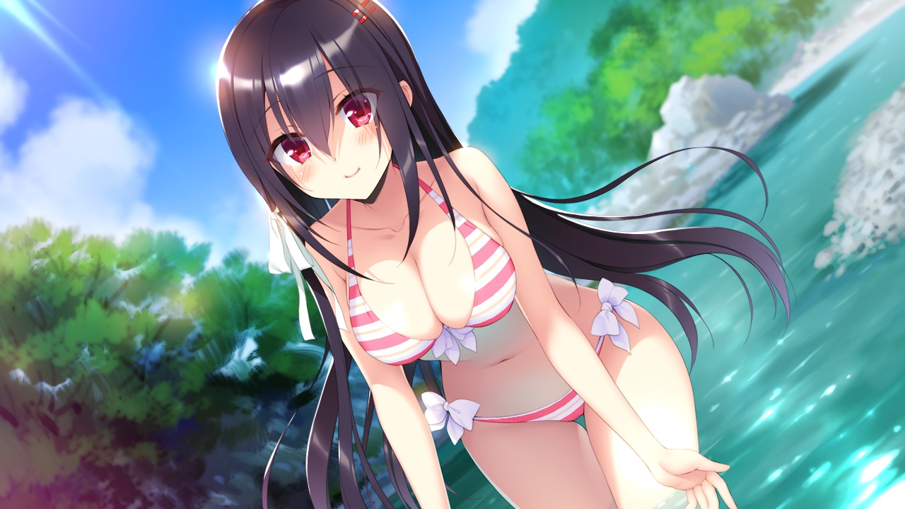 bikini, black_hair, breasts, cleavage, clouds, game_cg, ichiri, kanzume_shoujo_no_shuumatsu_sekai, long_hair, navel, red_eyes, sarasa_sari, silkys_plus, sky, swimsuit, water