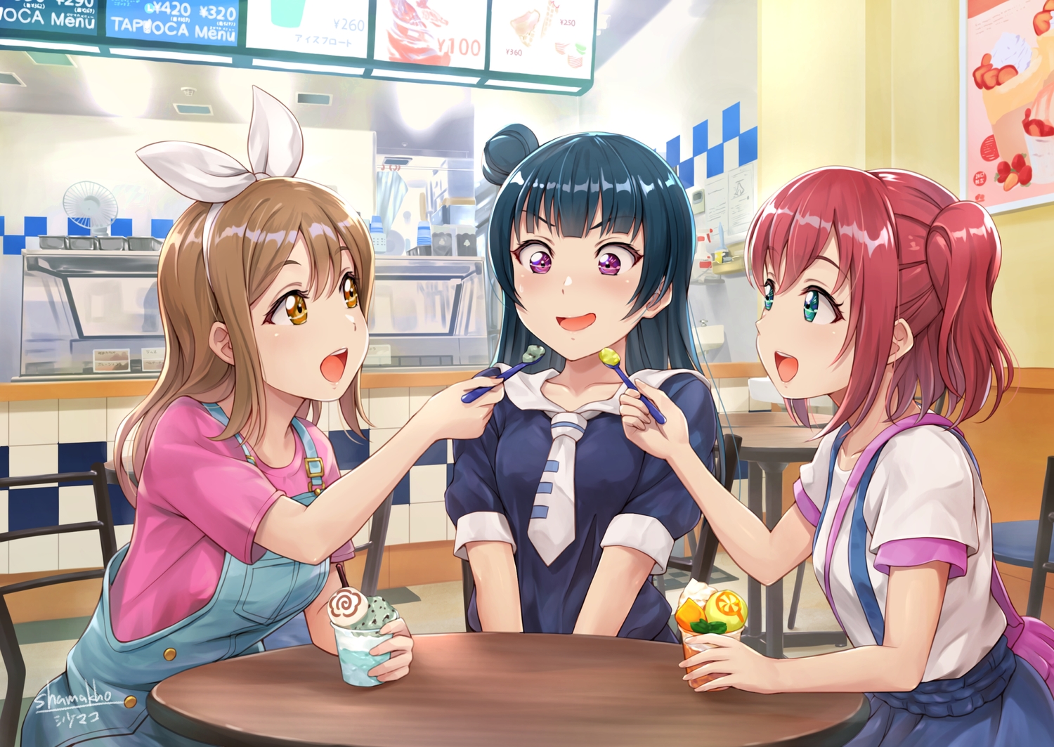 black_hair, brown_hair, food, green_eyes, ice_cream, kunikida_hanamaru, kurosawa_ruby, long_hair