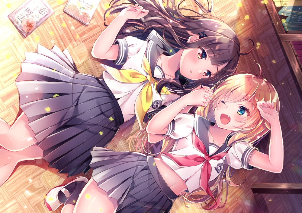 2girls, aqua_eyes, blonde_hair, blush, brown_hair, fang, kneehighs, long_hair, navel, nemuri_nemu, original, red_eyes, school_uniform, shoujo_ai, skirt, wink