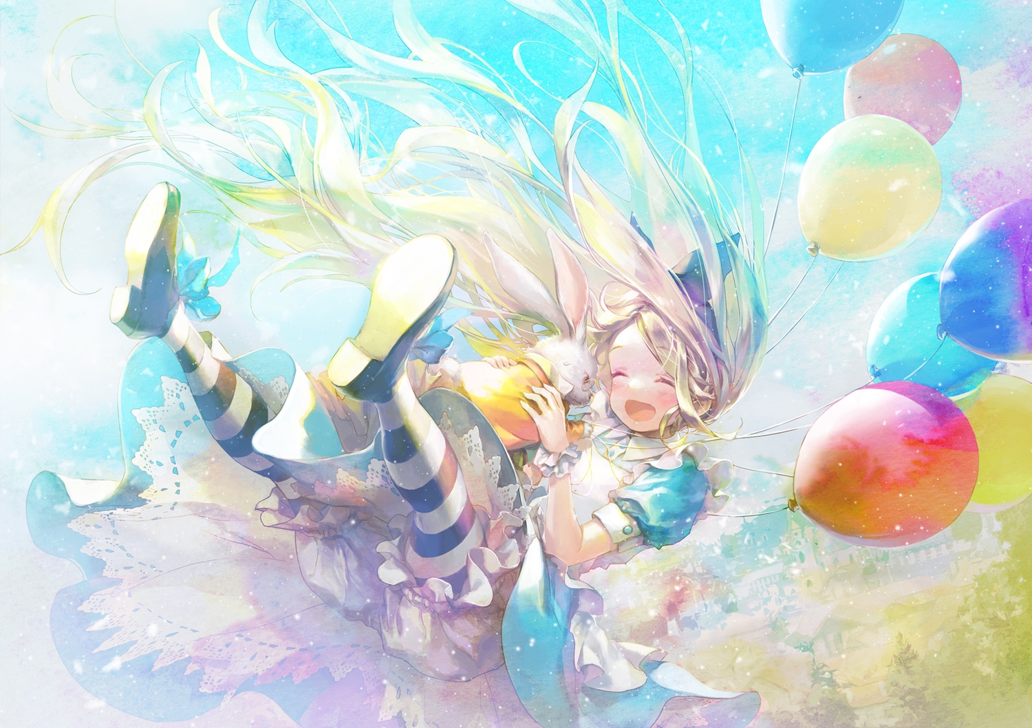 888myrrh888, alice_in_wonderland, alice_(wonderland), animal, blonde_hair, bloomers, blush, clouds