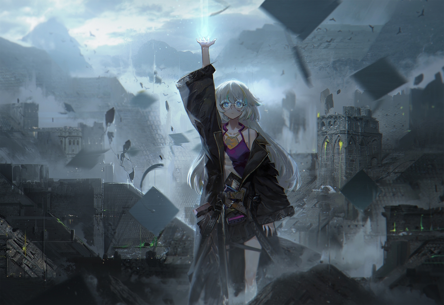 blue_eyes, building, city, glasses, hat, kvpk5428, long_hair, mage, magic, original, ruins, white_hair