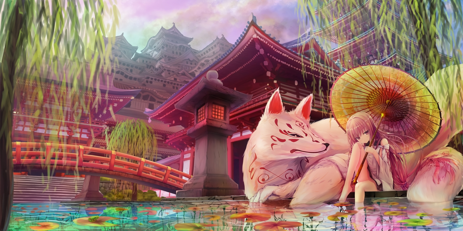 animal, barefoot, building, fox, japanese_clothes, landscape, long_hair, original, red_eyes, red_hair, reflection, scenic, sky, tanishi_0403, umbrella, water