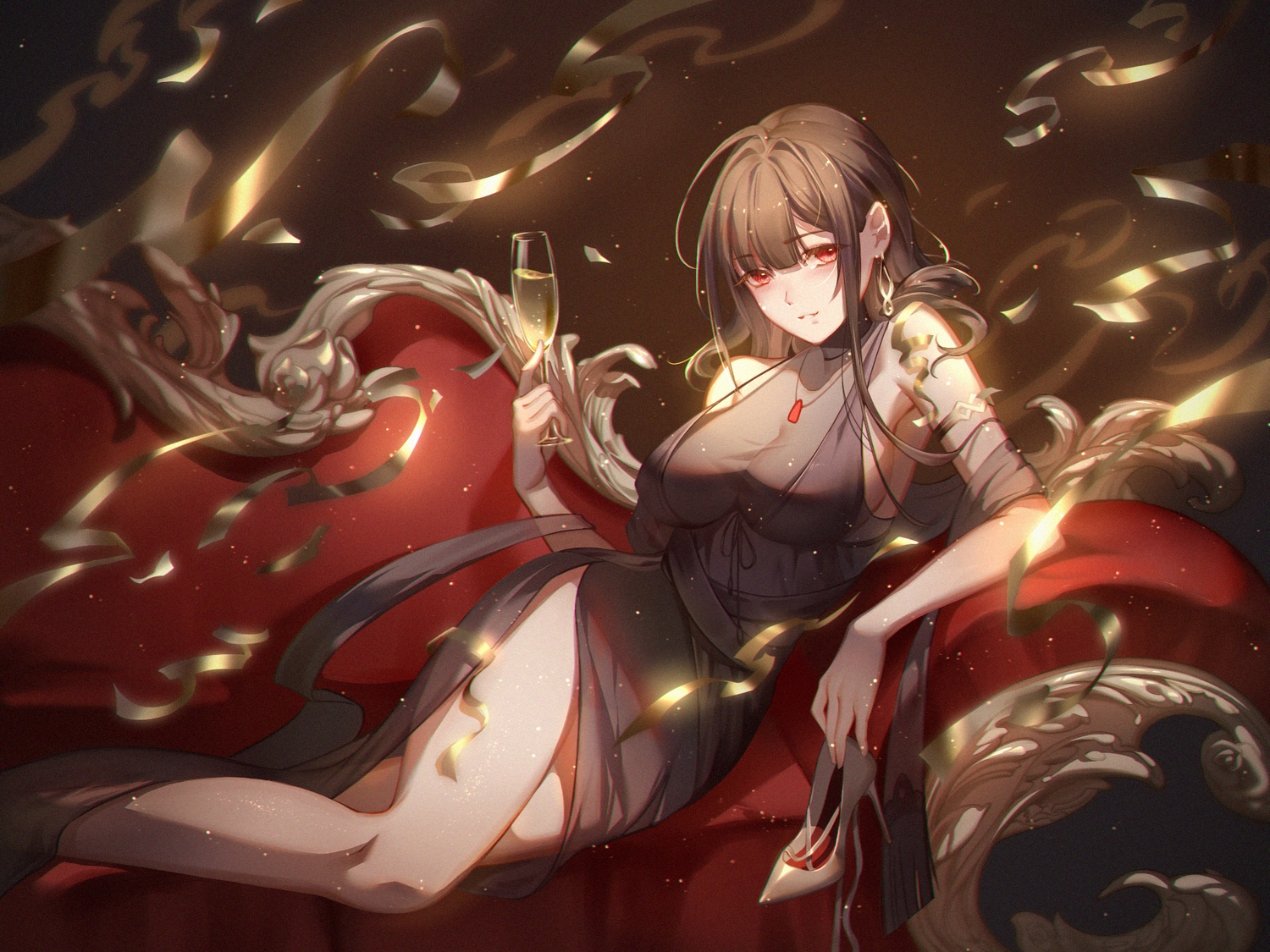 anthropomorphism, breasts, brown_hair, couch, dress, drink, dsr-50_(girls_frontline), emurina, girls_frontline, long_hair, necklace, red_eyes